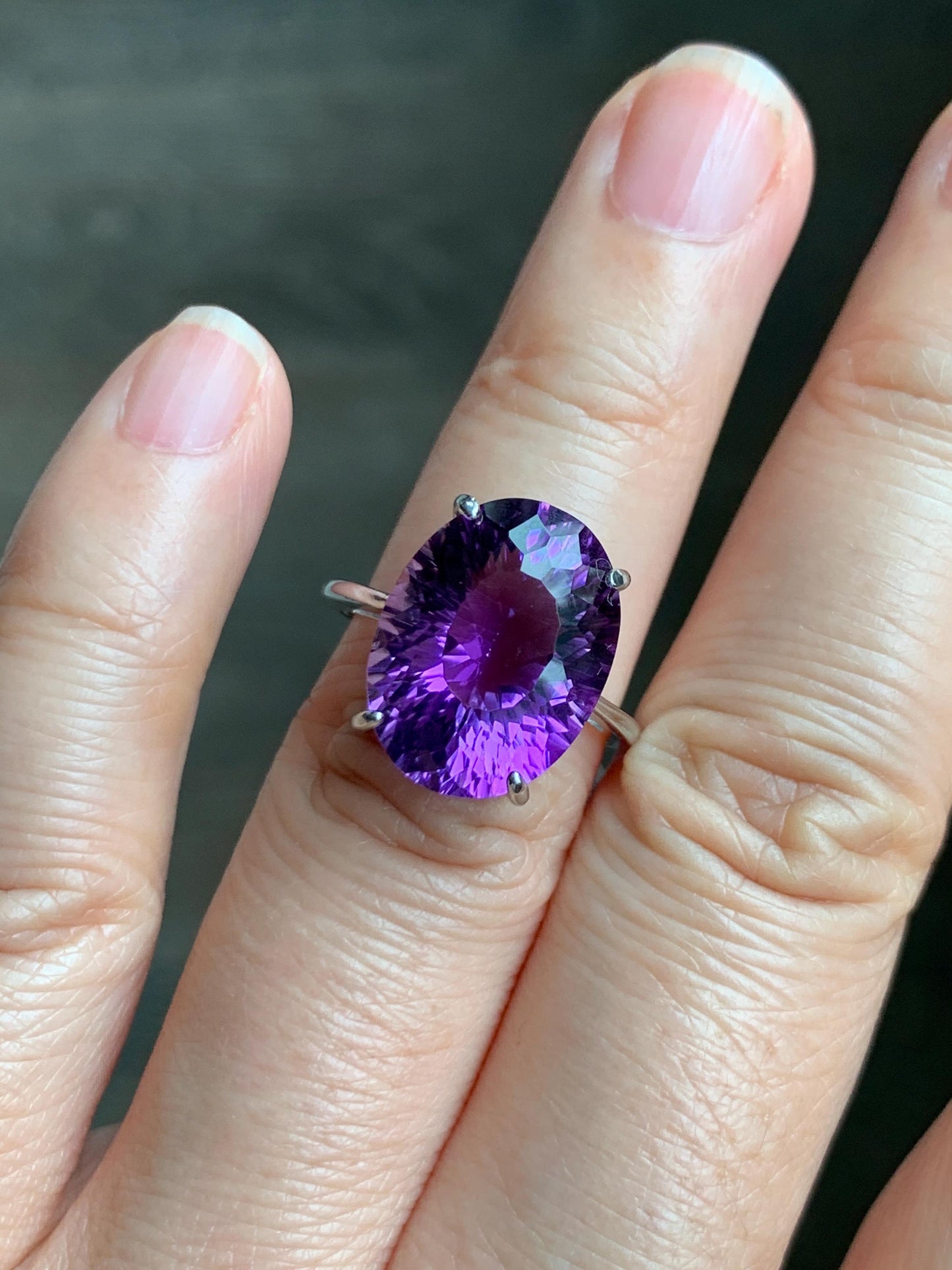 Natural Genuine Large Amethyst Oval Concave Cut Solitaire Ring 12x16x9mm S925 Sterling Silver Size 6 US 5g Large Oval Amethyst Ring 523