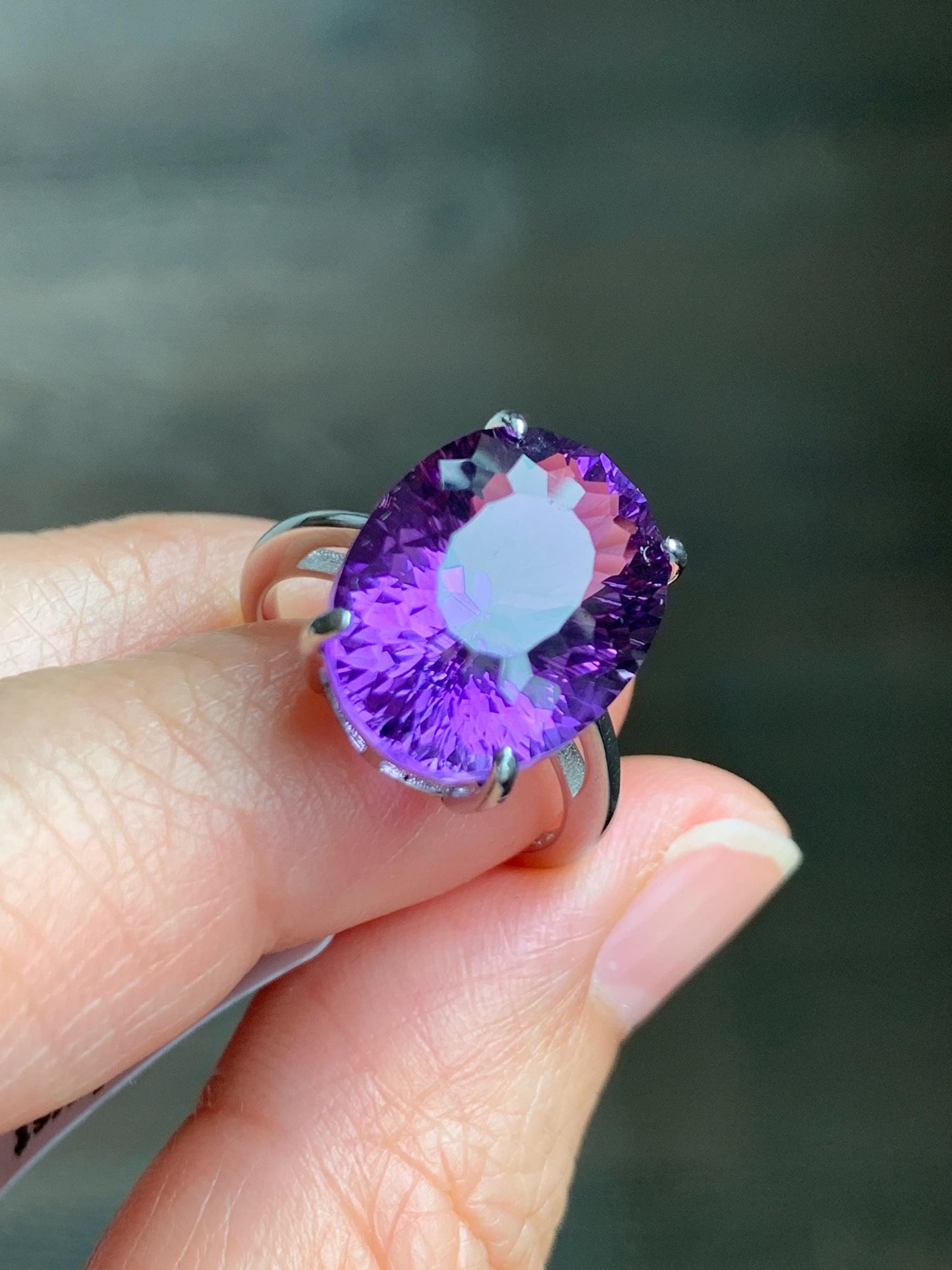 Natural Genuine Large Amethyst Oval Concave Cut Solitaire Ring 12x16x9mm S925 Sterling Silver Size 6 US 5g Large Oval Amethyst Ring 523
