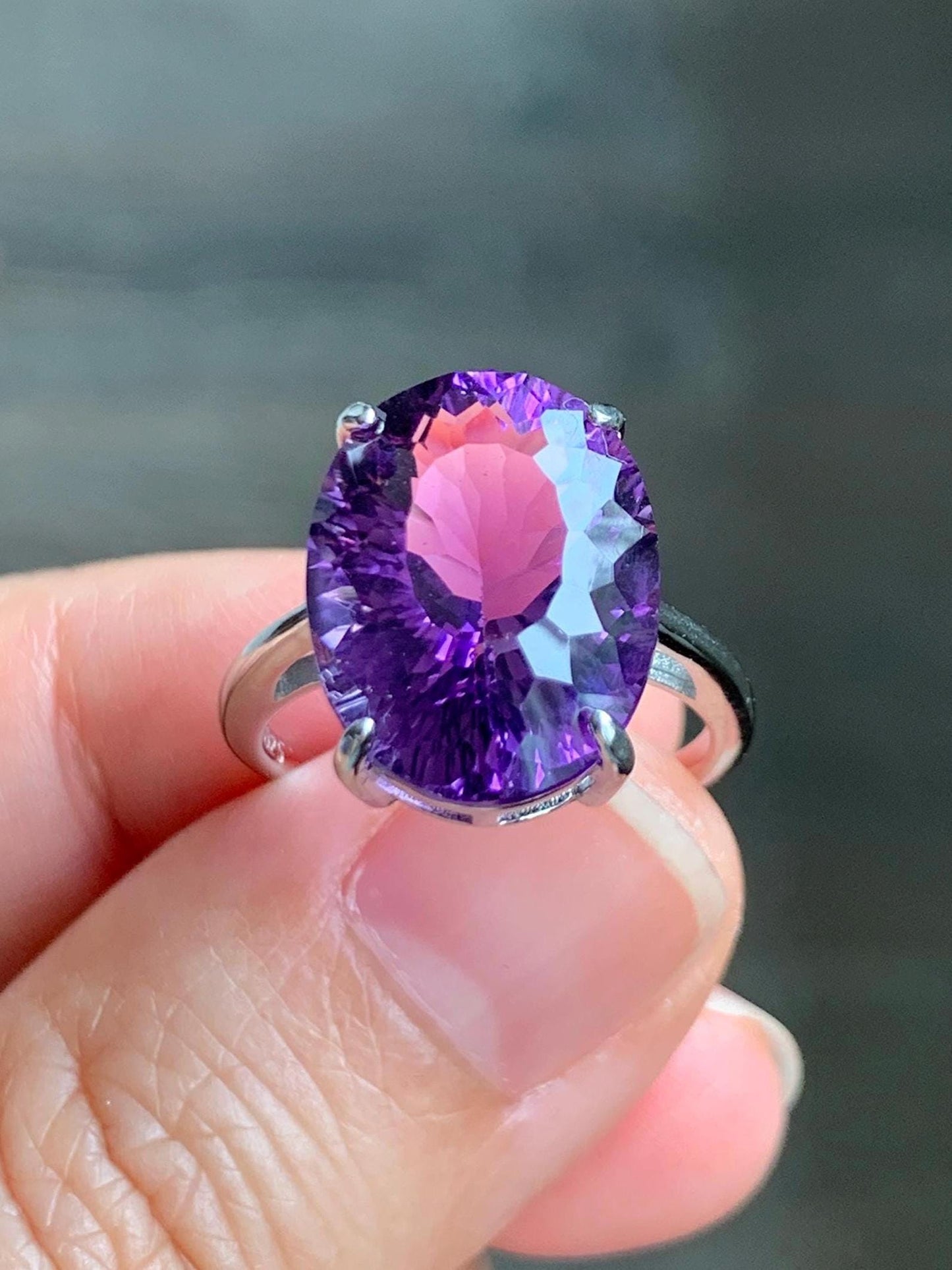 Natural Genuine Large Amethyst Oval Concave Cut Solitaire Ring 12x16x9mm S925 Sterling Silver Size 6 US 5g Large Oval Amethyst Ring 523