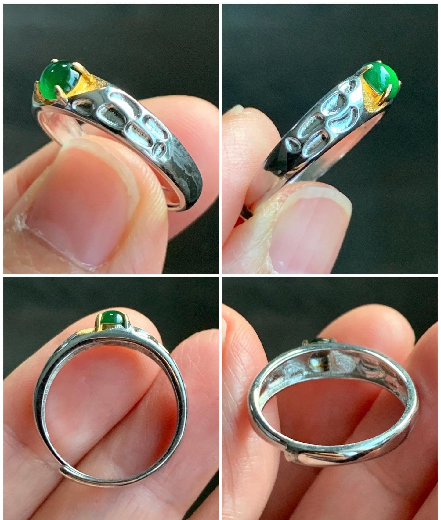 Natural Guatemalan Icy Translucent Vibrant Green Round Jadeite Band Style Ring Two-tone Sterling Silver Size 7 Adjustable 天然冰危绿翡翠银镶戒指 TTB56A