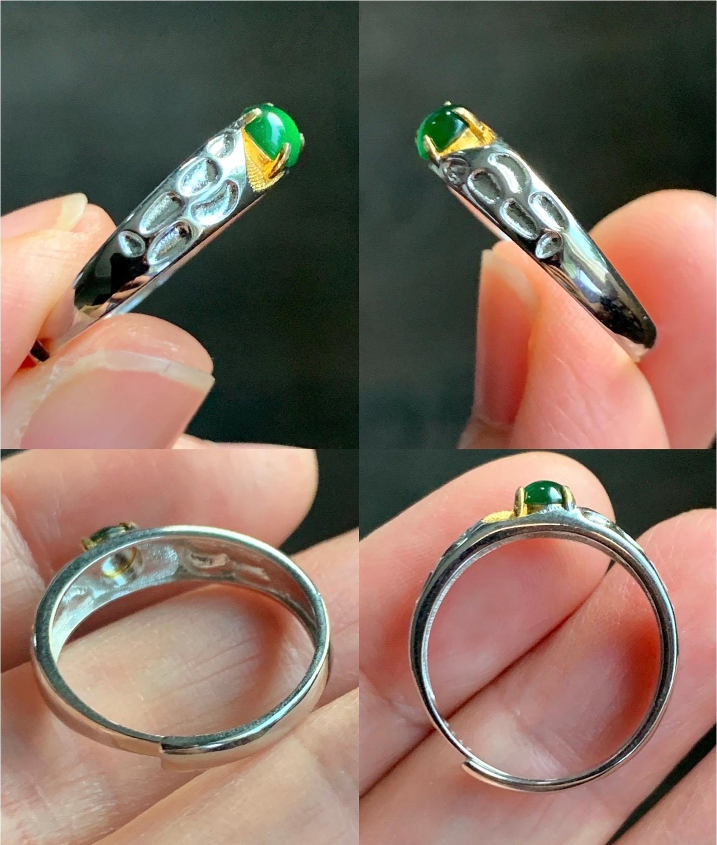 Natural Guatemalan Icy Translucent Vibrant Green Round Jadeite Band Style Ring Two-tone Sterling Silver Size 7 Adjustable 天然冰危绿翡翠银镶戒指 TTB56B