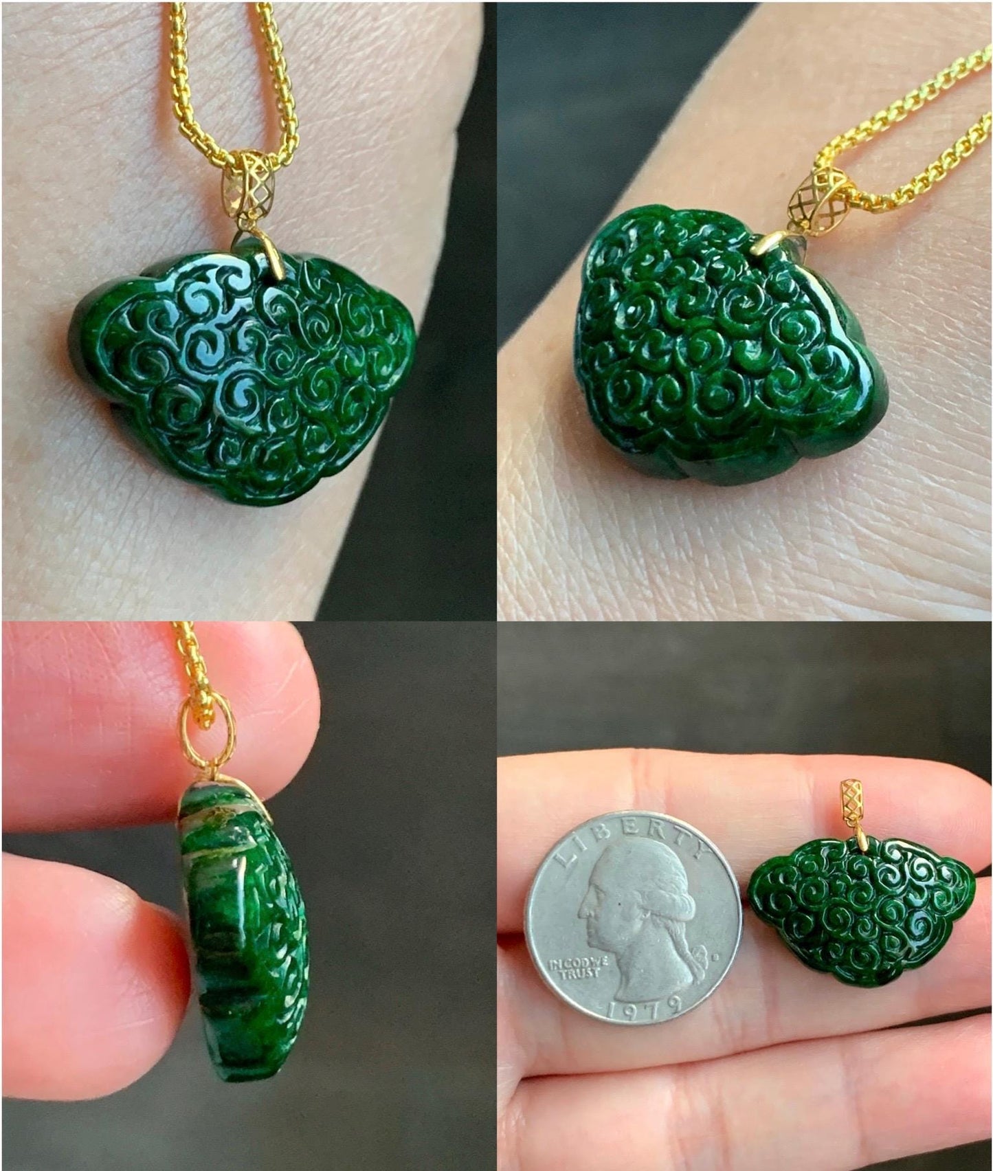 Natural Grade A Intense Green Jade Jadeite Engraved Ruyi Lock Pendant 18K Yellow Gold 5g 天然满绿花青翡翠仿古雕如意锁吊坠 HQR480