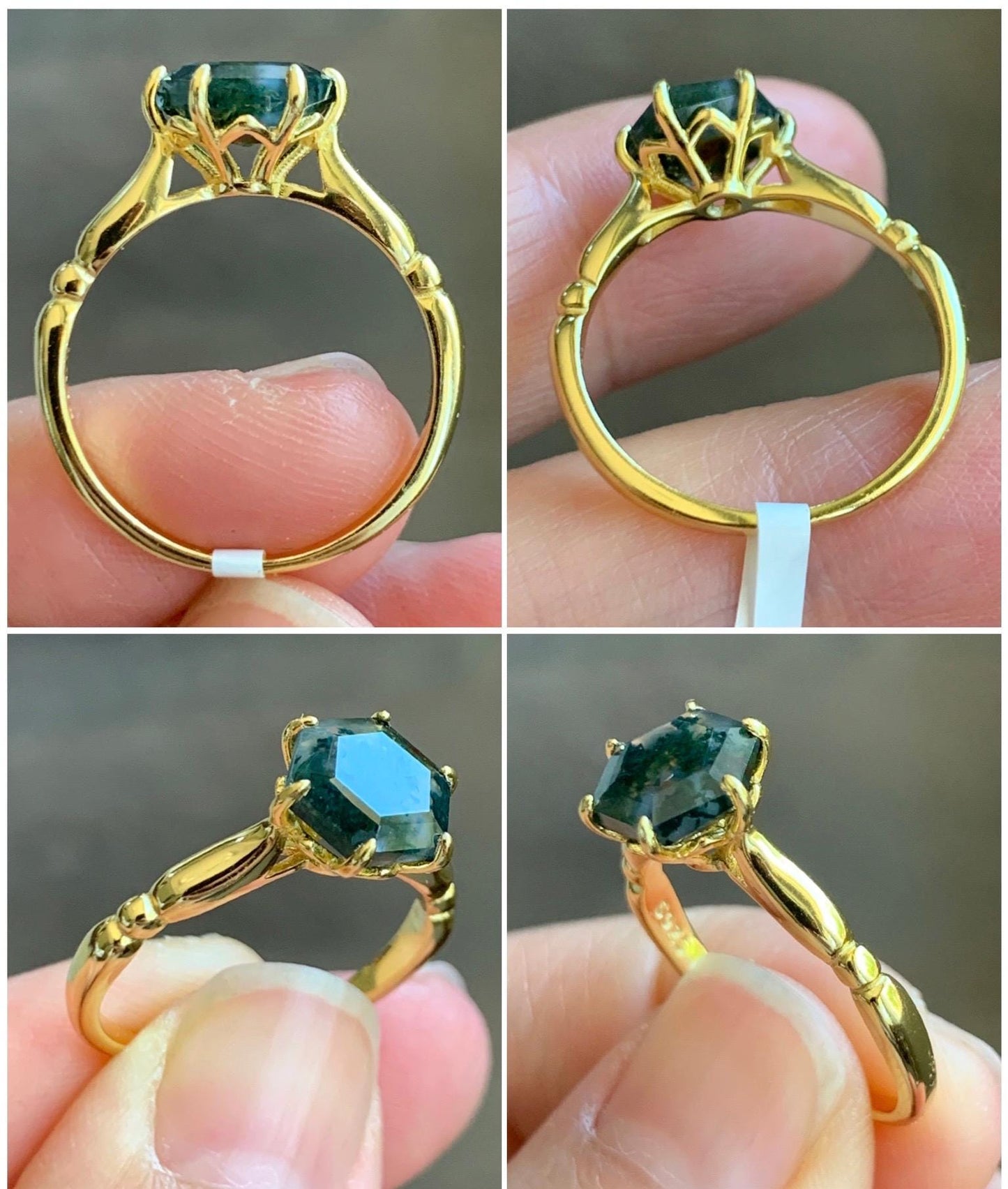 Natural Genuine Moss Agate Premium Hexagon Cut Solitaire Ring 925 Sterling Silver Yellow Gold Overlay Size 8 US 3g Moss Agate Retro Ring 435