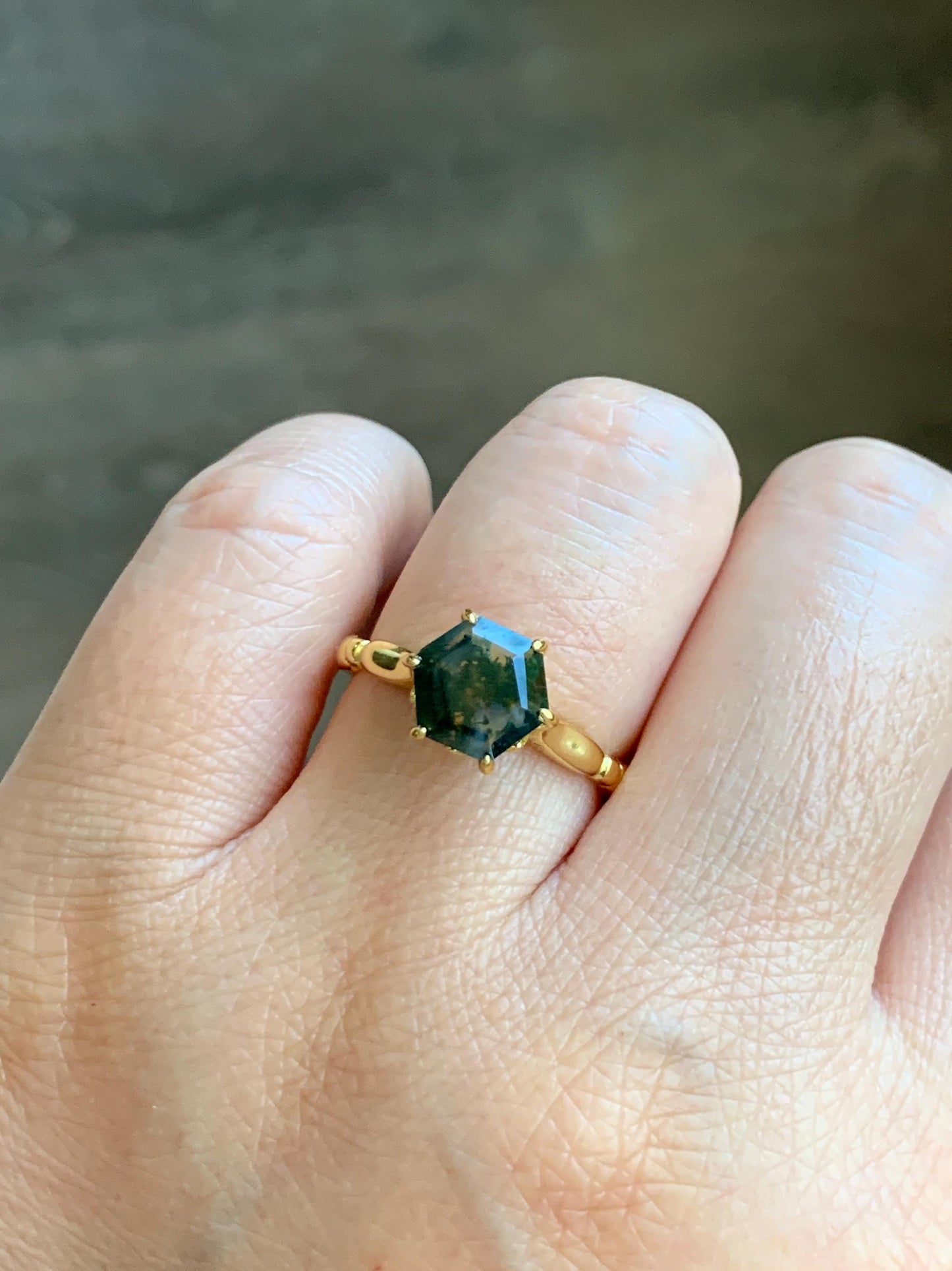 Natural Genuine Moss Agate Premium Hexagon Cut Solitaire Ring 925 Sterling Silver Yellow Gold Overlay Size 8 US 3g Moss Agate Retro Ring 435