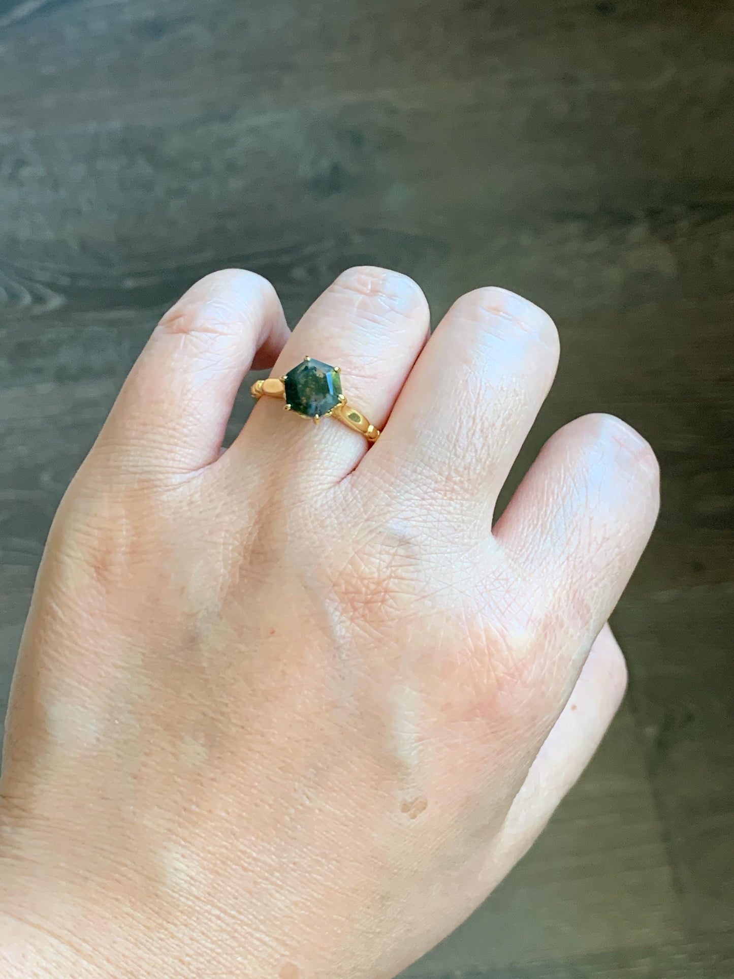 Natural Genuine Moss Agate Premium Hexagon Cut Solitaire Ring 925 Sterling Silver Yellow Gold Overlay Size 8 US 3g Moss Agate Retro Ring 435