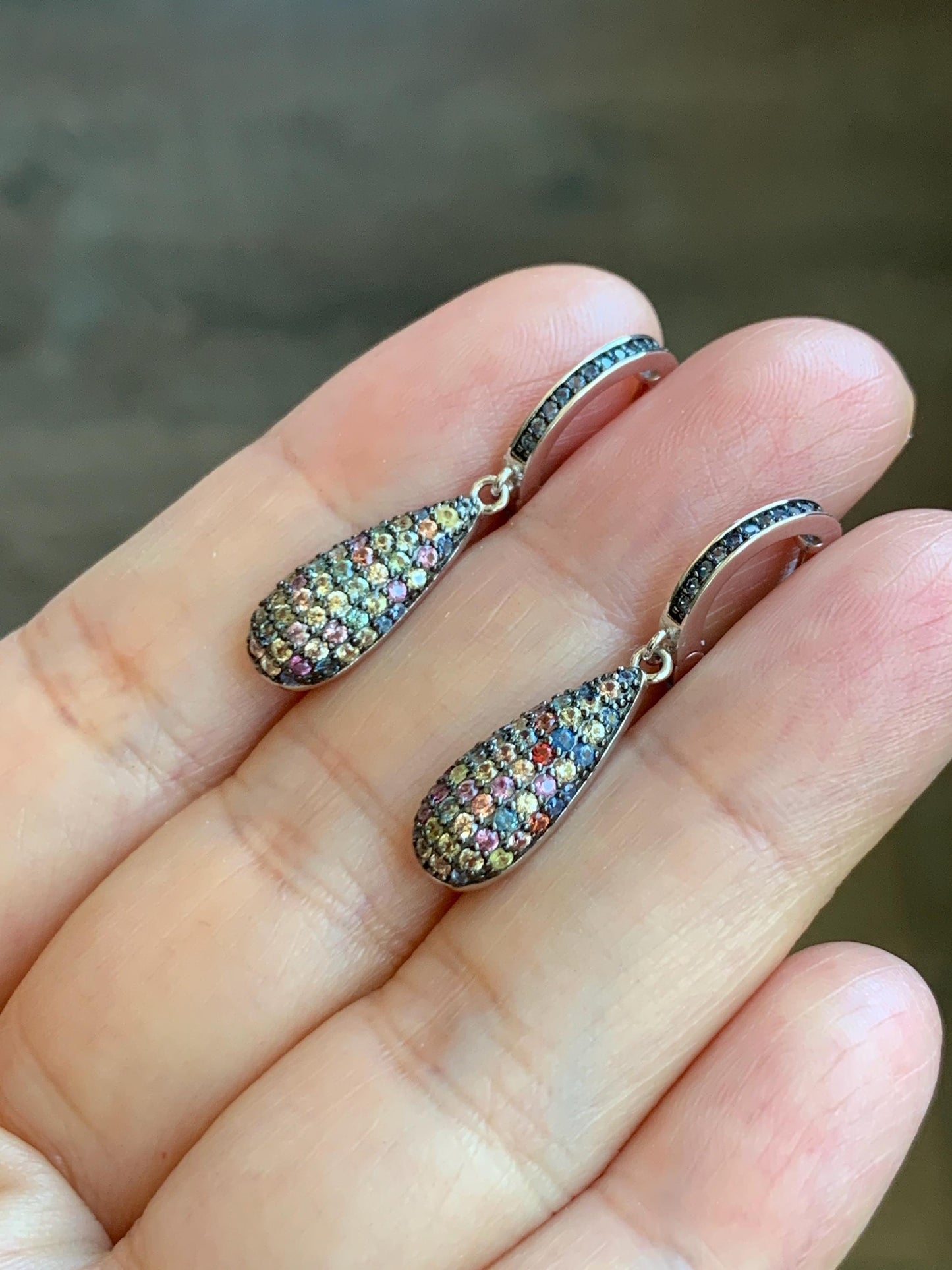 Natural Genuine Unheated Blue Sapphire Multicolored Rainbow Sapphire Cluster Teardrop Dangle Earrings Sterling Silver English Lock 4g 858-E