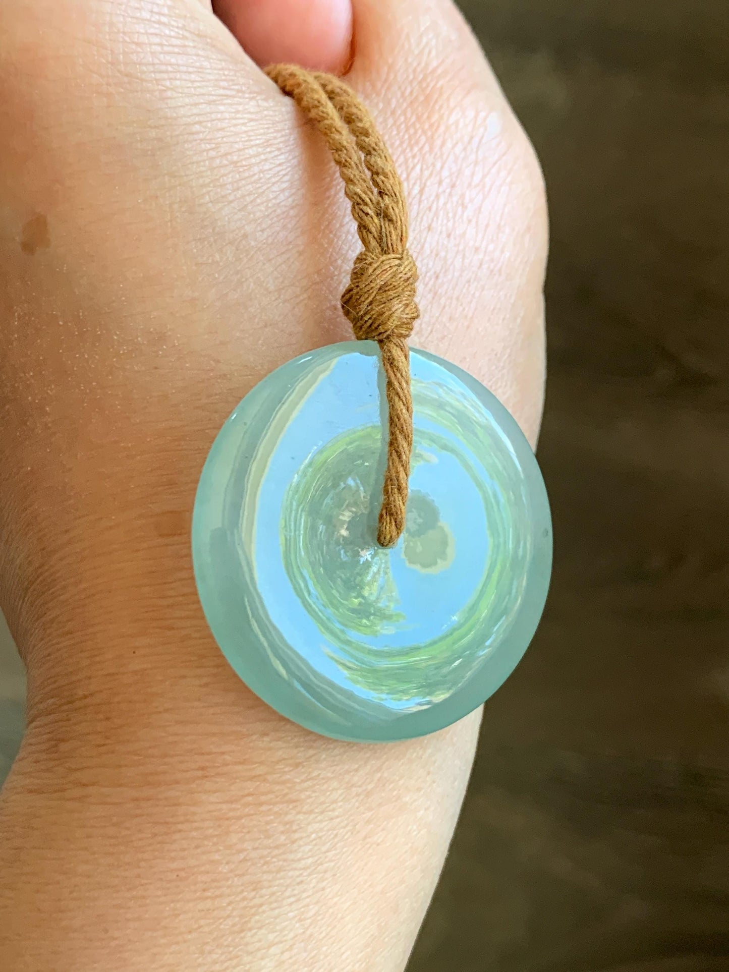 Certified Natural Icy Highly Translucent Light Green Jade Jadeite Large Ping An Kou Donut Pendant Rope Necklace 25" 天然冰胶老种淡绿翡翠平安扣吊坠项链 9417