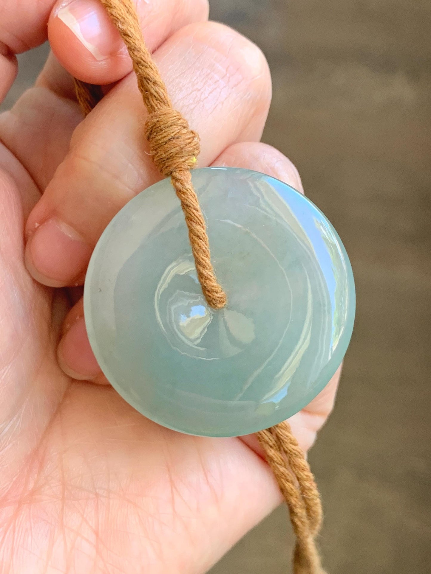 Certified Natural Icy Highly Translucent Light Green Jade Jadeite Large Ping An Kou Donut Pendant Rope Necklace 25" 天然冰胶老种淡绿翡翠平安扣吊坠项链 9417