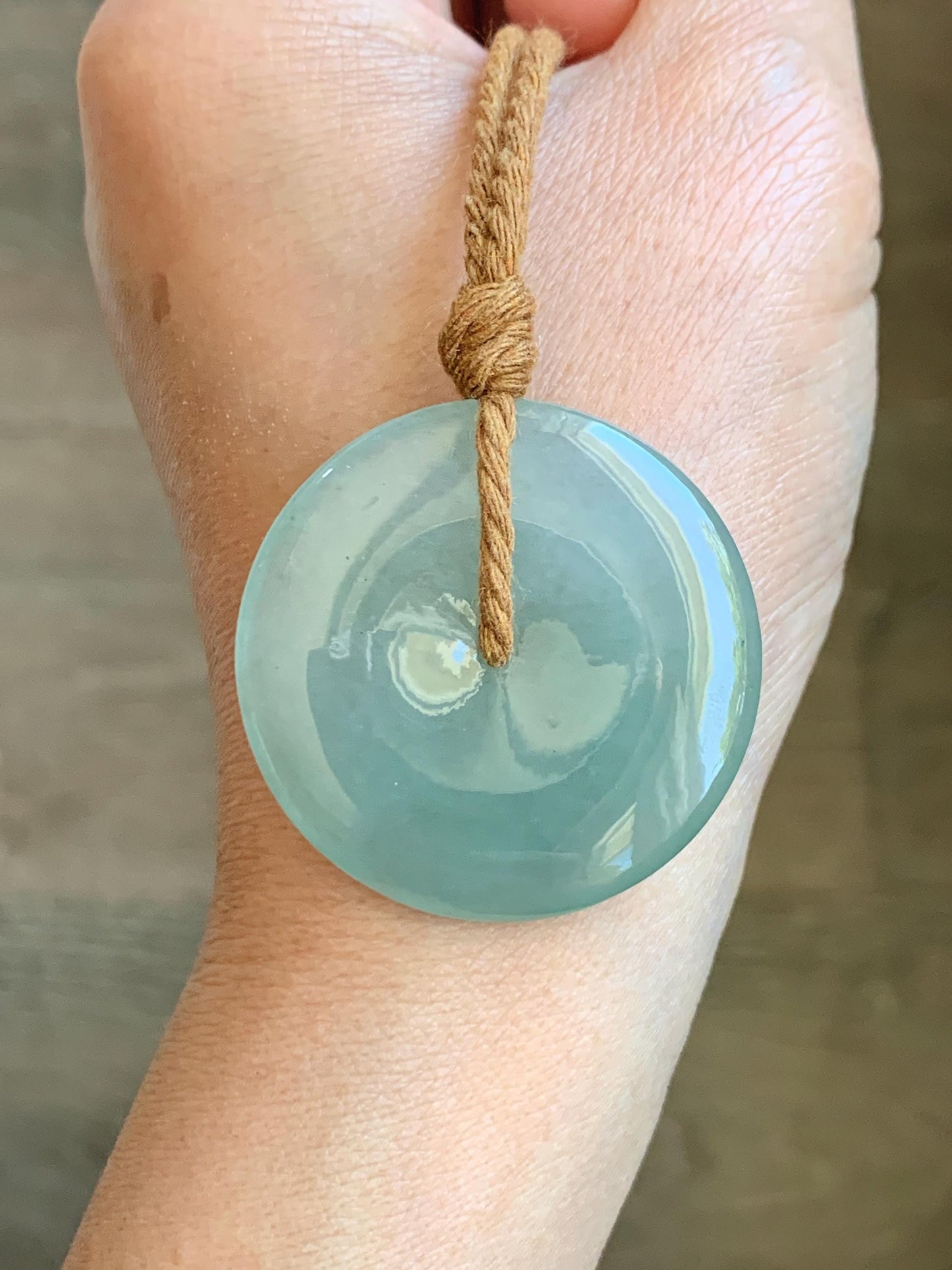 Certified Natural Icy Highly Translucent Light Green Jade Jadeite Large Ping An Kou Donut Pendant Rope Necklace 25" 天然冰胶老种淡绿翡翠平安扣吊坠项链 9417