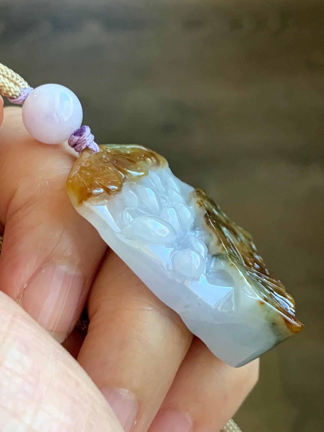Natural Grade A Icy Translucent Tricolored Jade Jadeite w/ Rind Carved Lotus Flower Pendant Rope Necklace 26” 25g 天然冰三彩翡翠皮壳料莲花吊坠项链 SCLH150
