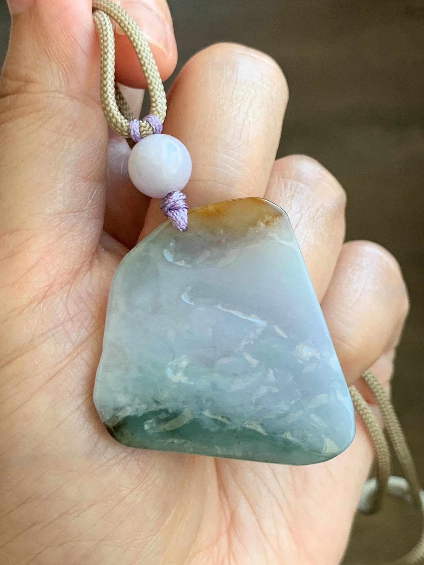 Natural Grade A Icy Translucent Tricolored Jade Jadeite w/ Rind Carved Lotus Flower Pendant Rope Necklace 26” 25g 天然冰三彩翡翠皮壳料莲花吊坠项链 SCLH150
