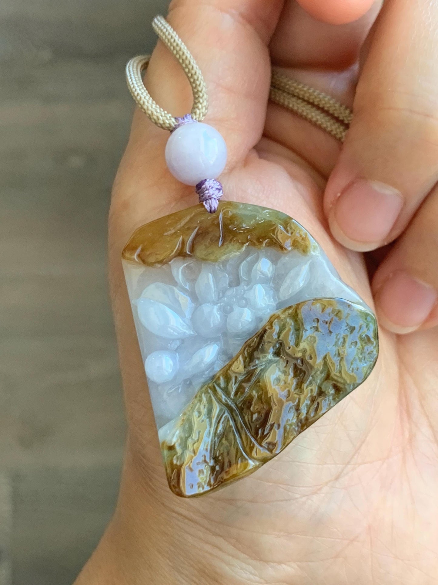 Natural Grade A Icy Translucent Tricolored Jade Jadeite w/ Rind Carved Lotus Flower Pendant Rope Necklace 26” 25g 天然冰三彩翡翠皮壳料莲花吊坠项链 SCLH150