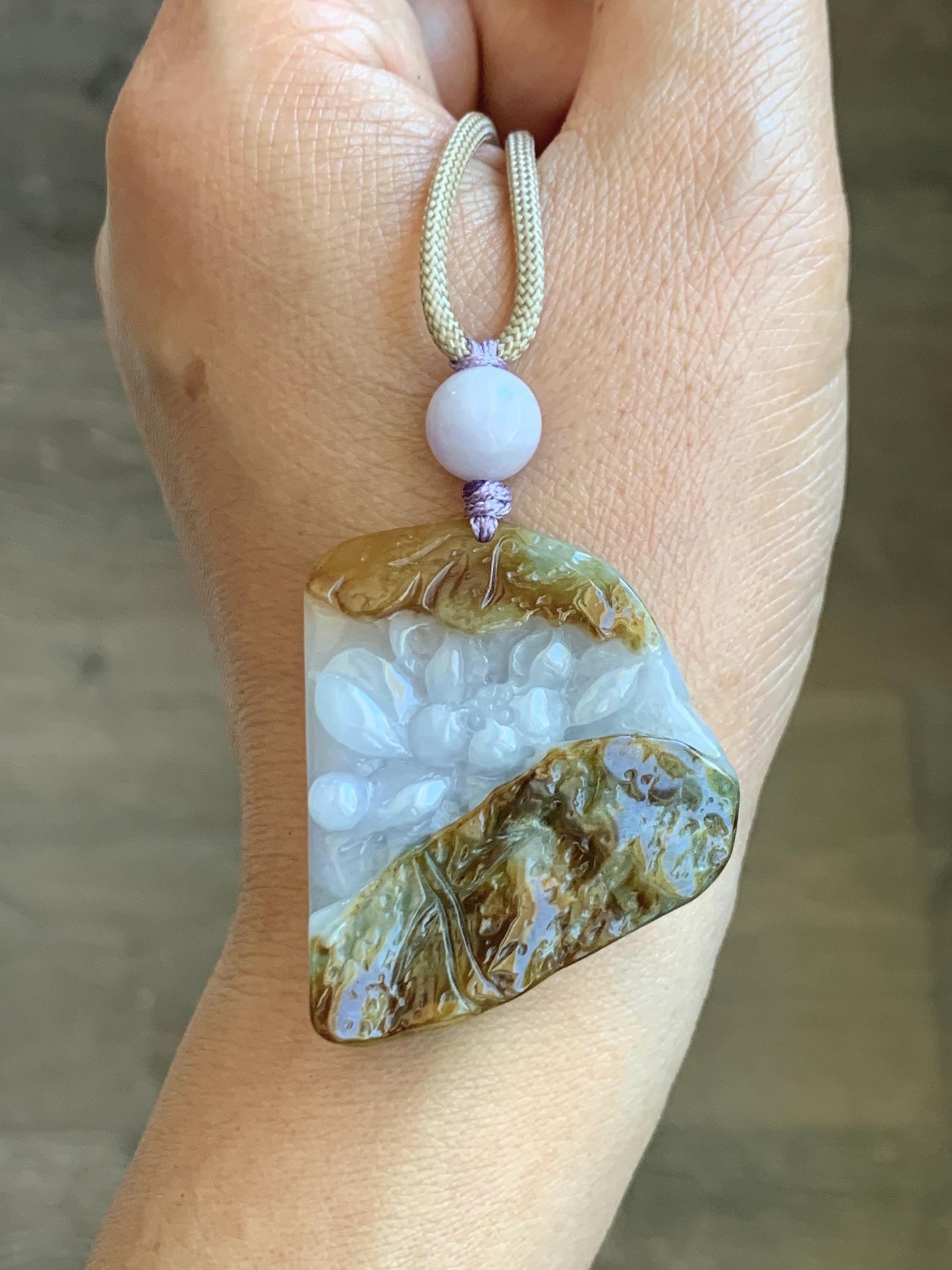 Natural Grade A Icy Translucent Tricolored Jade Jadeite w/ Rind Carved Lotus Flower Pendant Rope Necklace 26” 25g 天然冰三彩翡翠皮壳料莲花吊坠项链 SCLH150