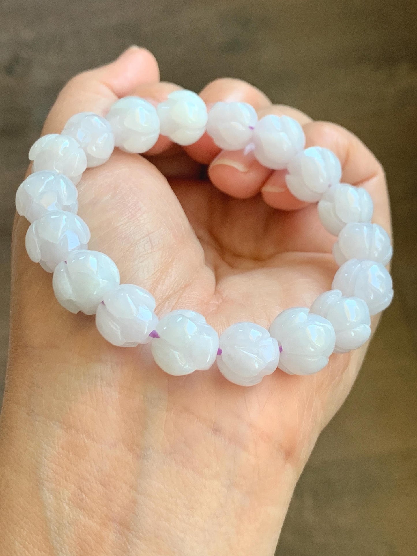 Natural Grade A Icy Translucent White Jadeite w/ Pastel Purple Undertone Lotus Flower beads Beaded Bracelet 7” 11.5mm 天然细糯白冰翡翠莲花珠手串 DZLH284