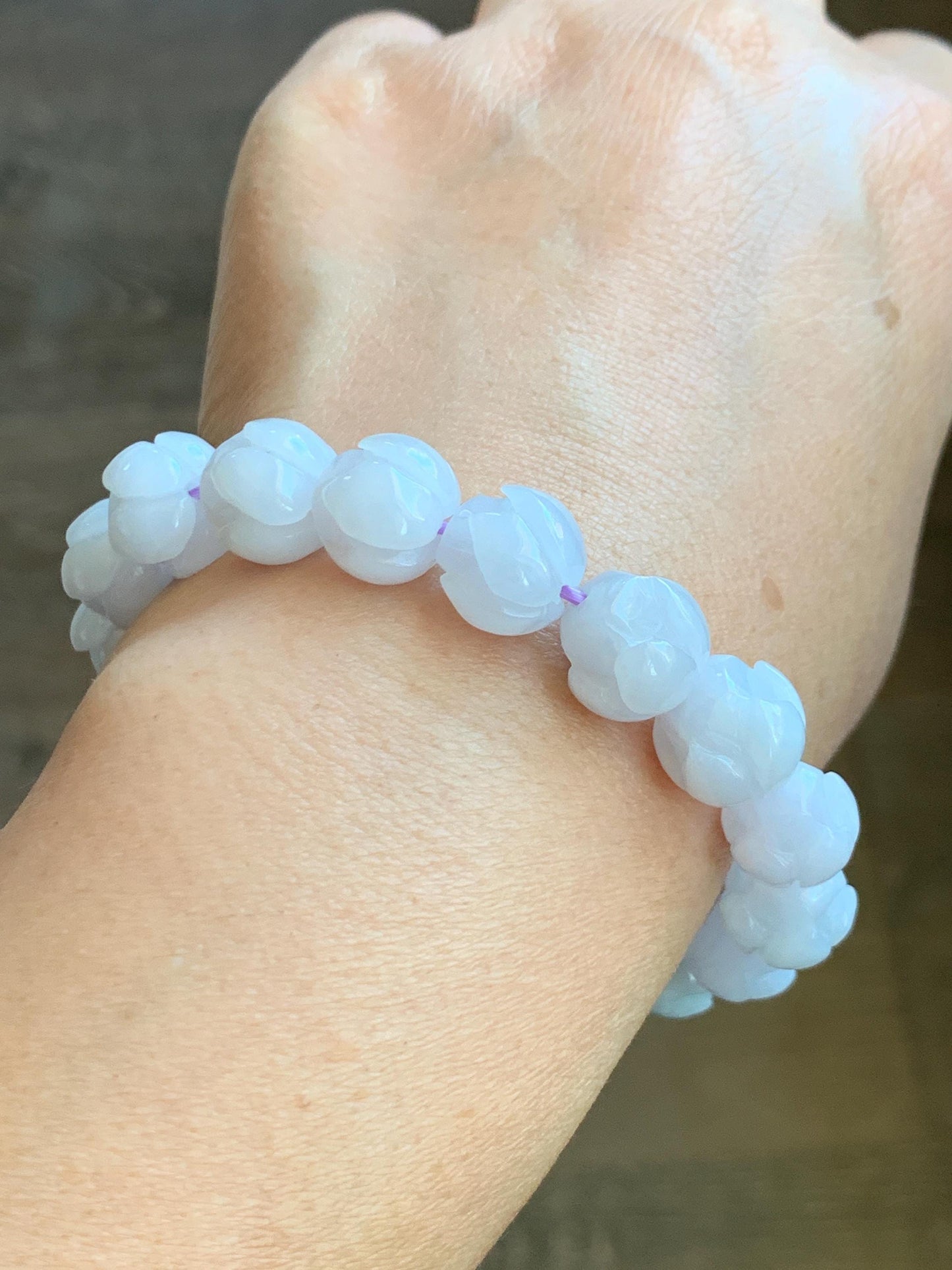 Natural Grade A Icy Translucent White Jadeite w/ Pastel Purple Undertone Lotus Flower beads Beaded Bracelet 7” 11.5mm 天然细糯白冰翡翠莲花珠手串 DZLH284