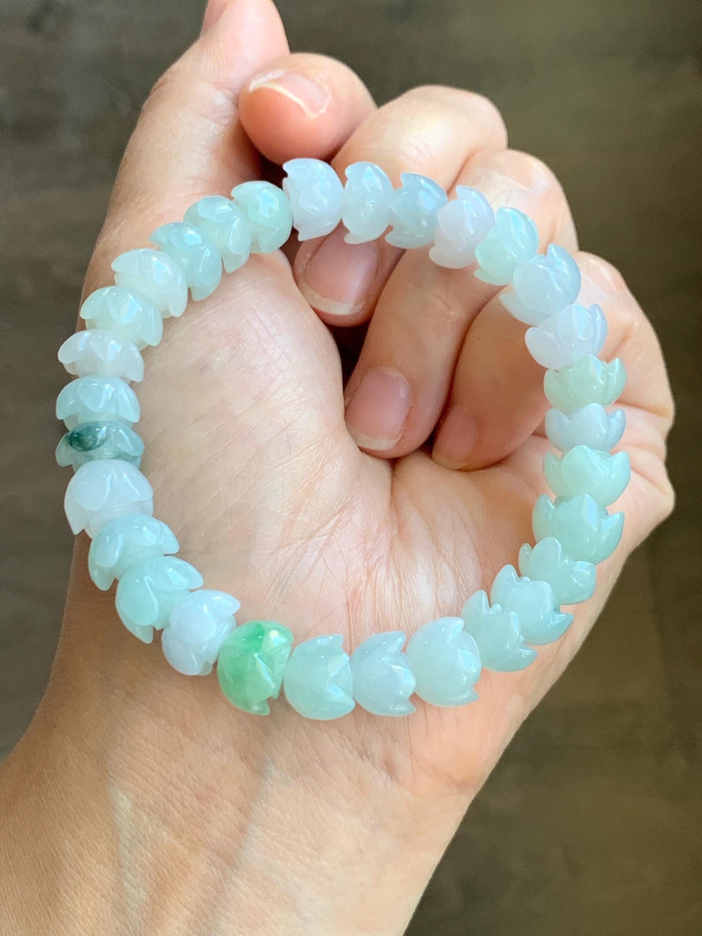Natural Grade A Icy Translucent Gelatinous Multicolored Jadeite Lotus Flower Beads Beaded Bracelet 10.5mm 7.25” 36g 天然冰胶多宝马卡龙翡翠莲花珠手串 DBLH22