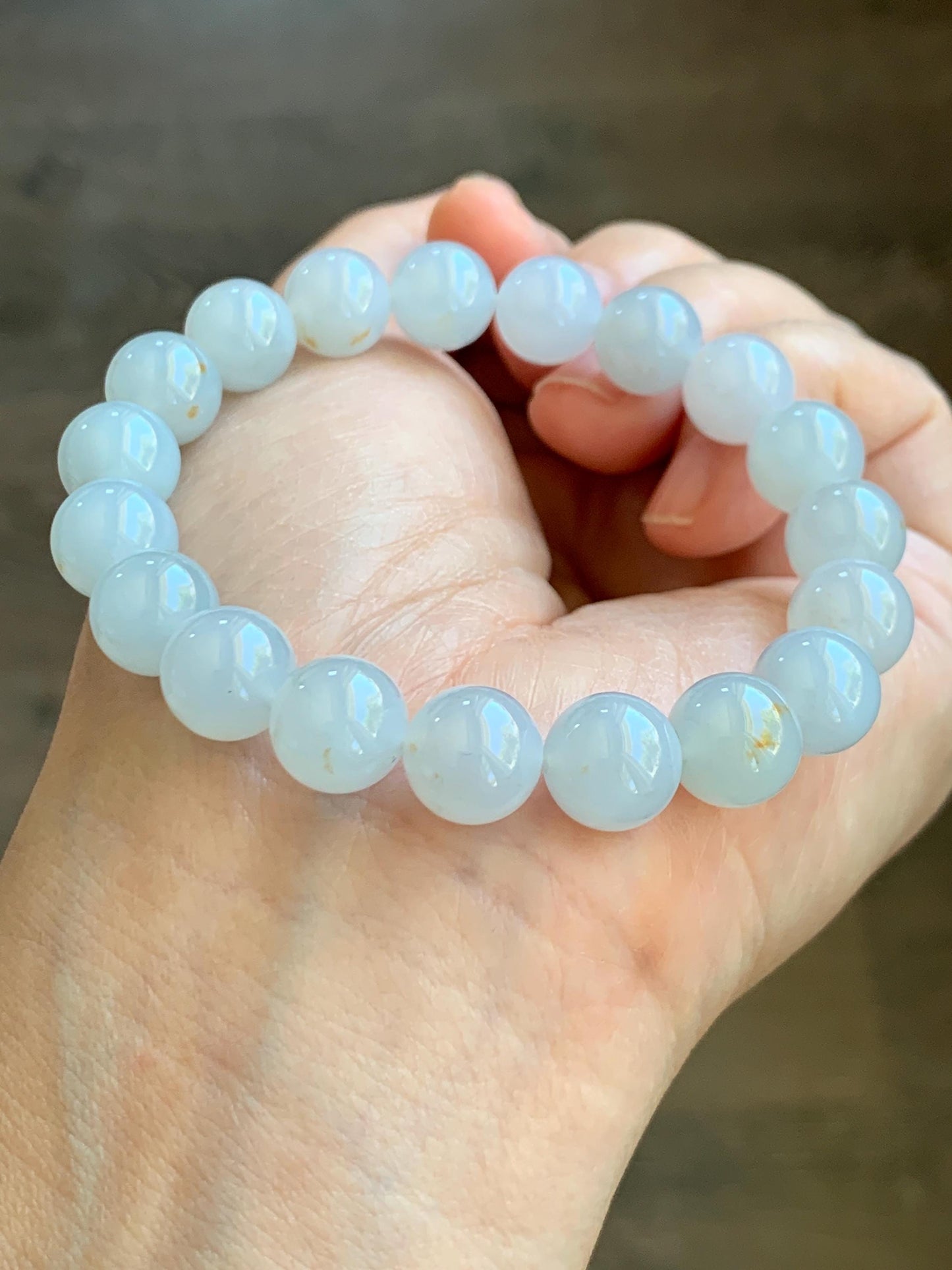 Certified Natural Grade A Icy Translucent Gelatinous Pastel Blue Golden Marbled Jadeite Beaded Bracelet 9.8mm 7” 天然老种冰胶淡蓝底撒金翡翠大卡圆珠手串 9408