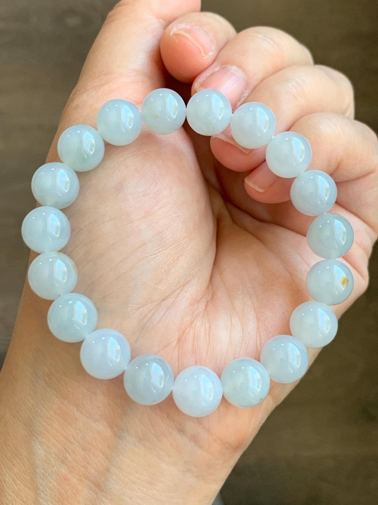 Certified Natural Grade A Icy Translucent Gelatinous Pastel Blue Golden Marbled Jadeite Beaded Bracelet 9.8mm 7” 天然老种冰胶淡蓝底撒金翡翠大卡圆珠手串 9408