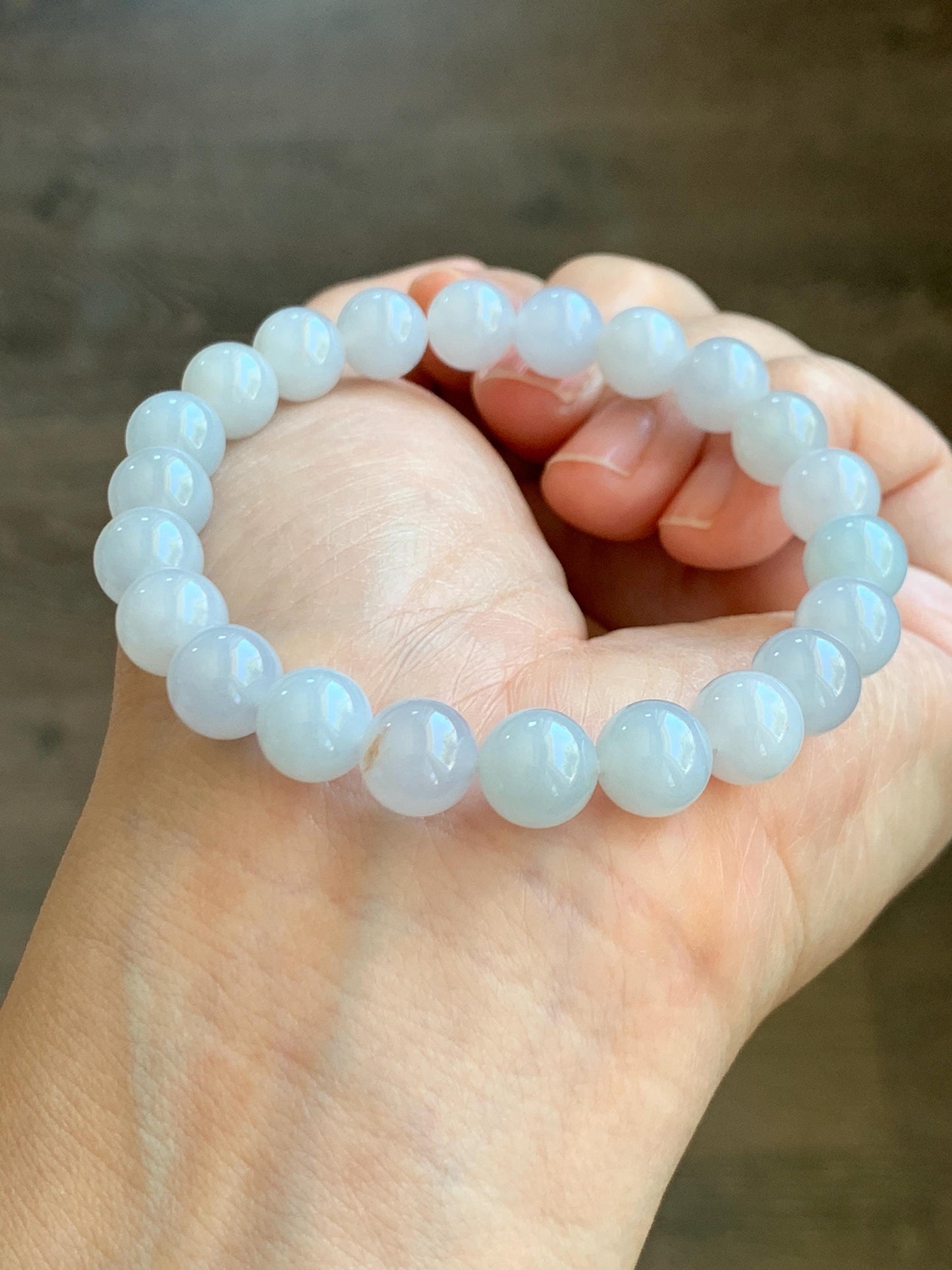 Certified Natural Grade A Icy Translucent Gelatinous Pastel Blue Golden Marbled Jadeite Beaded Bracelet 8.7mm 7.25” 天然老种冰胶淡蓝底撒金翡翠圆珠手串 9409