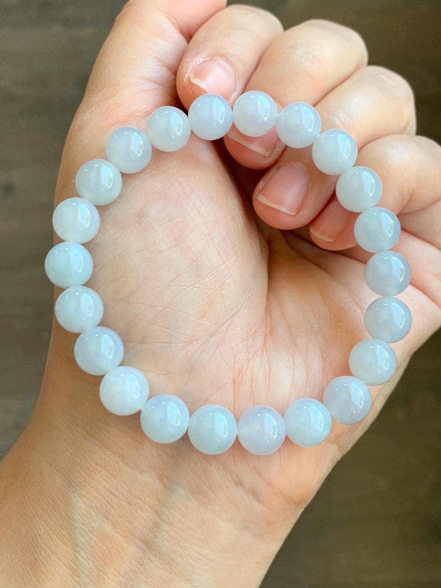 Certified Natural Grade A Icy Translucent Gelatinous Pastel Blue Golden Marbled Jadeite Beaded Bracelet 8.7mm 7.25” 天然老种冰胶淡蓝底撒金翡翠圆珠手串 9409