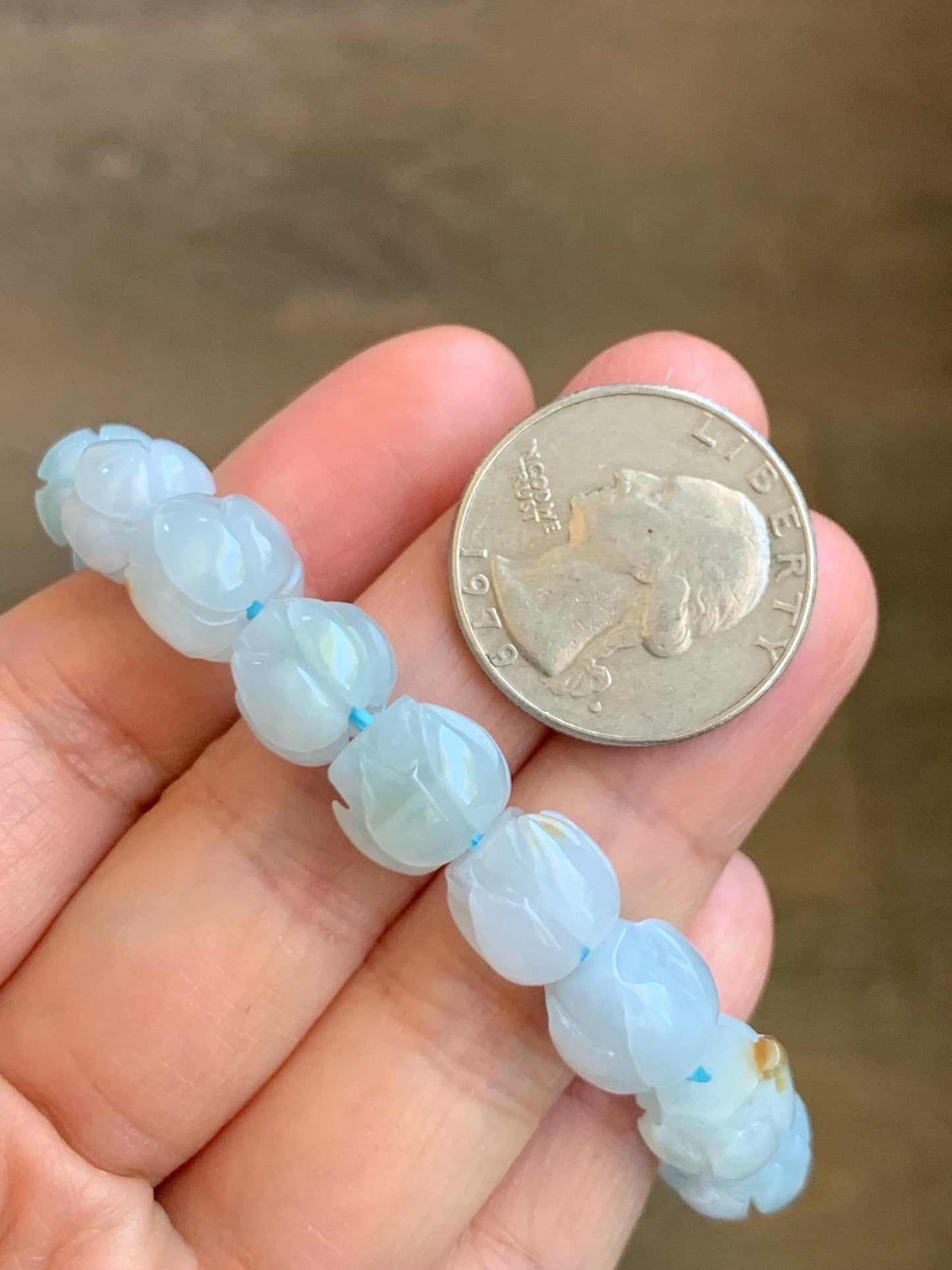 Natural Grade A Icy Translucent Gelatinous Pastel Blue Jadeite Lotus Flower Beads Beaded Bracelet 10.5mm 6.75” 34g 天然冰胶淡蓝撒金翡翠莲花珠手串 DLH380