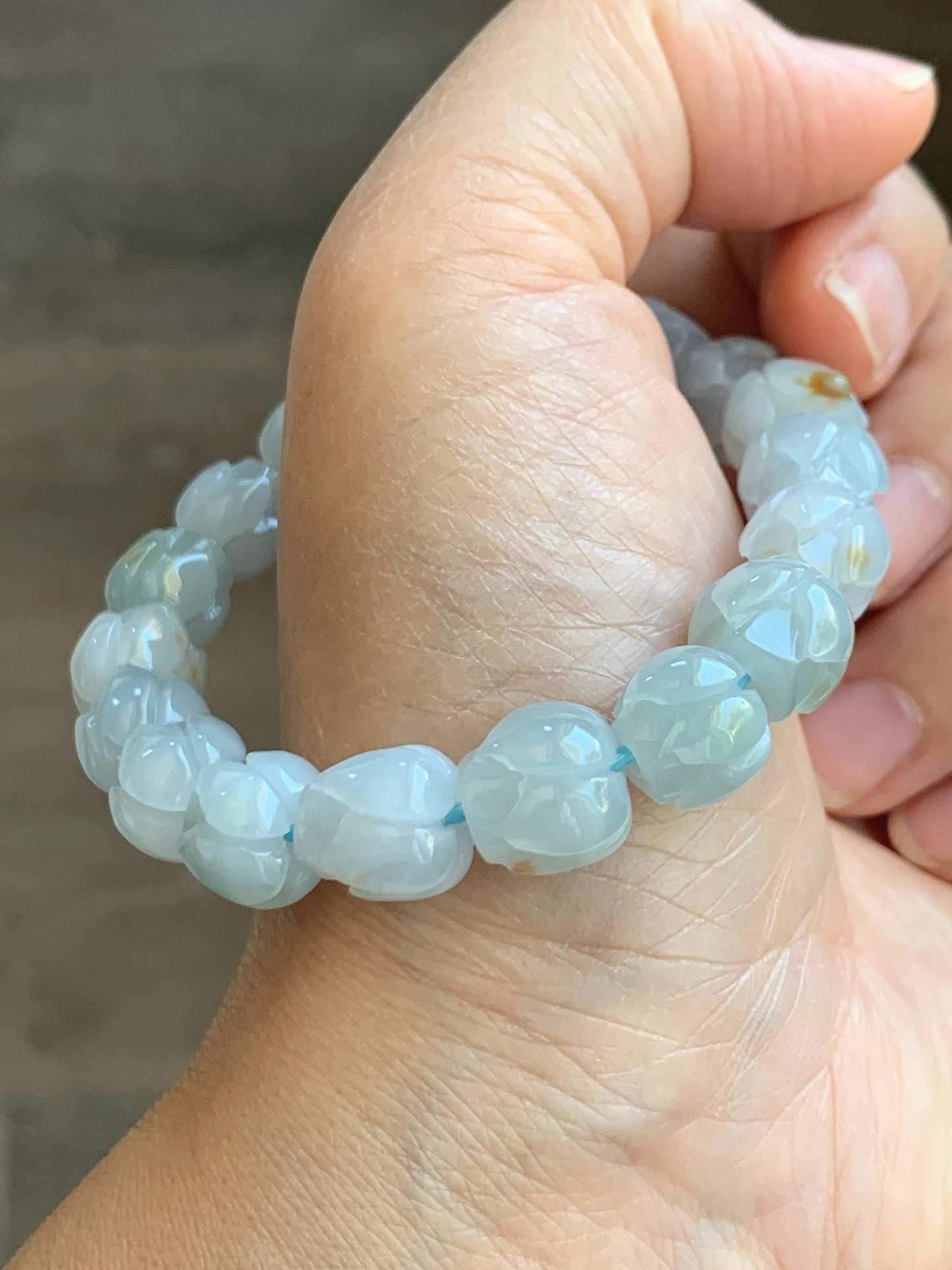 Natural Grade A Icy Translucent Gelatinous Pastel Blue Jadeite Lotus Flower Beads Beaded Bracelet 10.5mm 6.75” 34g 天然冰胶淡蓝撒金翡翠莲花珠手串 DLH380