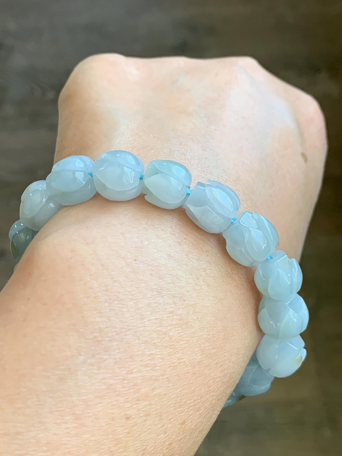 Natural Grade A Icy Translucent Gelatinous Pastel Blue Jadeite Lotus Flower Beads Beaded Bracelet 10.5mm 6.75” 34g 天然冰胶淡蓝撒金翡翠莲花珠手串 DLH380