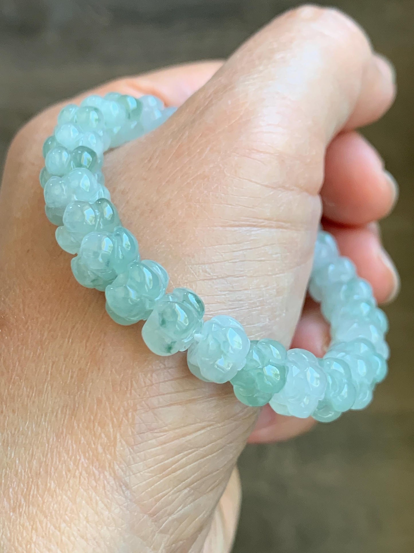 Certified Natural Icy Translucent Gelatinous Green Marbled Jadeite Lotus Flower Beads Beaded Bracelet 8.8mm 6” 21.7g 天然冰胶飘花翡翠莲花珠手串 9410