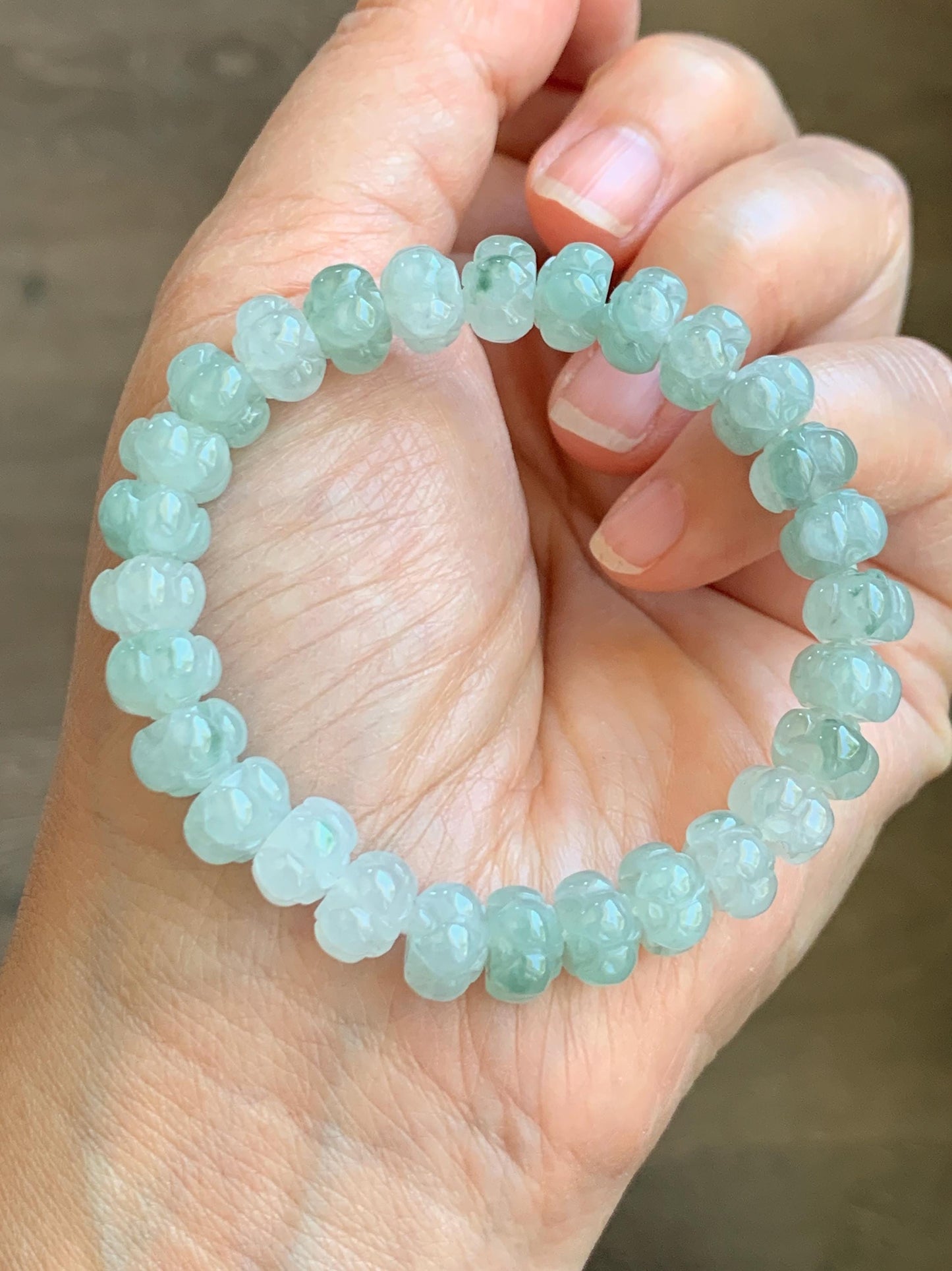 Certified Natural Icy Translucent Gelatinous Green Marbled Jadeite Lotus Flower Beads Beaded Bracelet 8.8mm 6” 21.7g 天然冰胶飘花翡翠莲花珠手串 9410