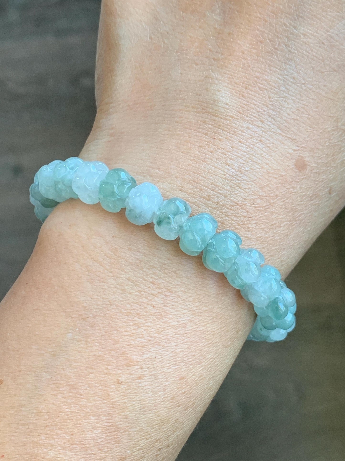 Certified Natural Icy Translucent Gelatinous Green Marbled Jadeite Lotus Flower Beads Beaded Bracelet 8.8mm 6” 21.7g 天然冰胶飘花翡翠莲花珠手串 9410