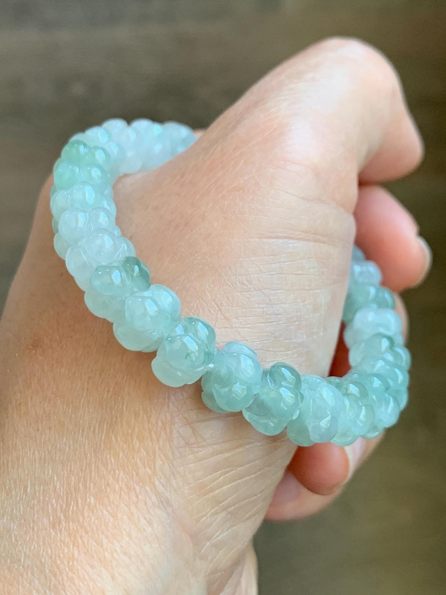 Certified Natural Icy Translucent Gelatinous Green Marbled Jadeite Lotus Flower Beads Beaded Bracelet 8.8mm 6” 21.7g 天然冰胶飘花翡翠莲花珠手串 9410