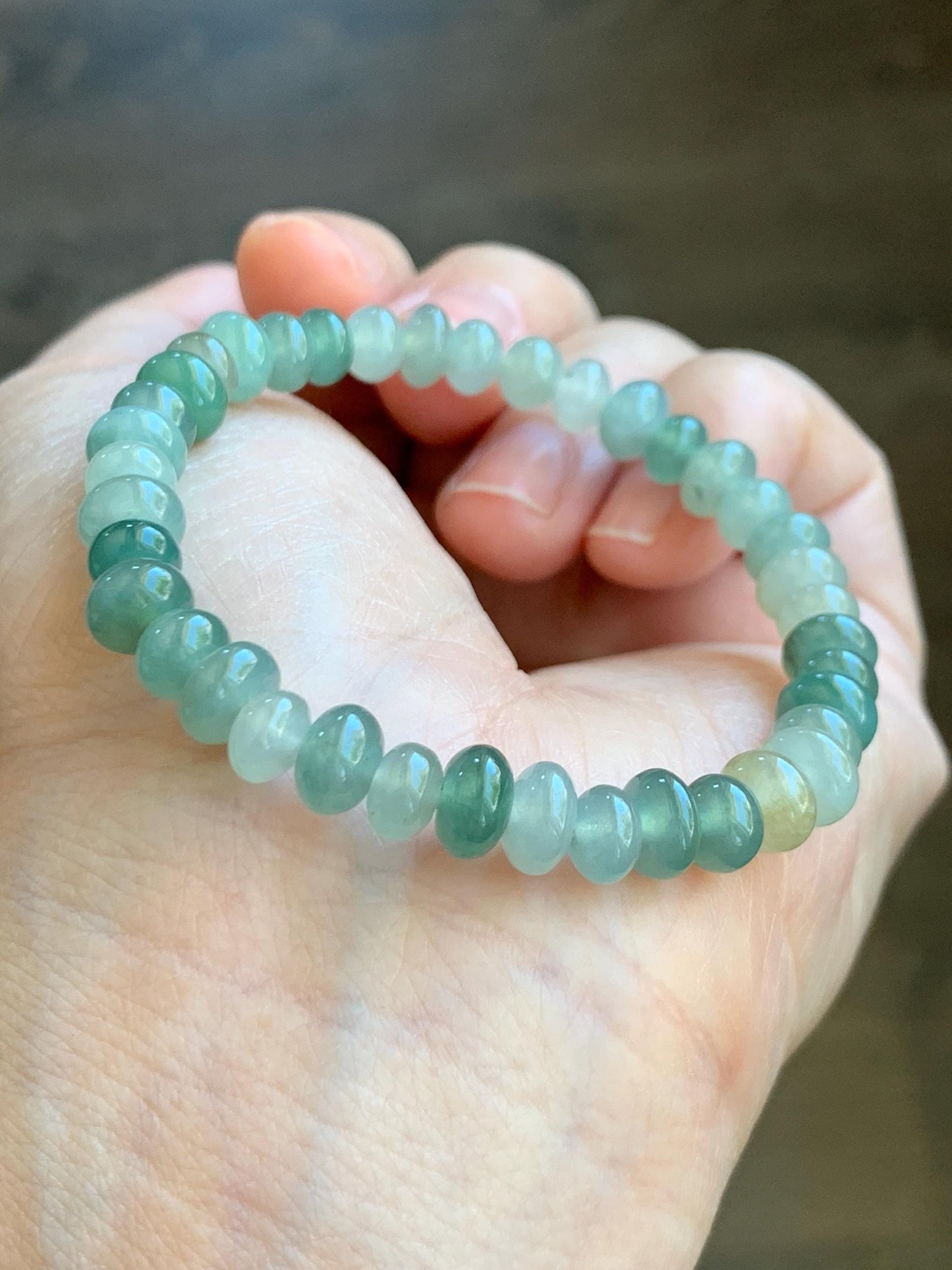 Natural Grade A Icy Translucent Gelatinous Light Green Jade Jadeite Drum Beads Beaded Bracelet 6.25" 14g 天然冰多宝翡翠鼓珠手串 LDB132