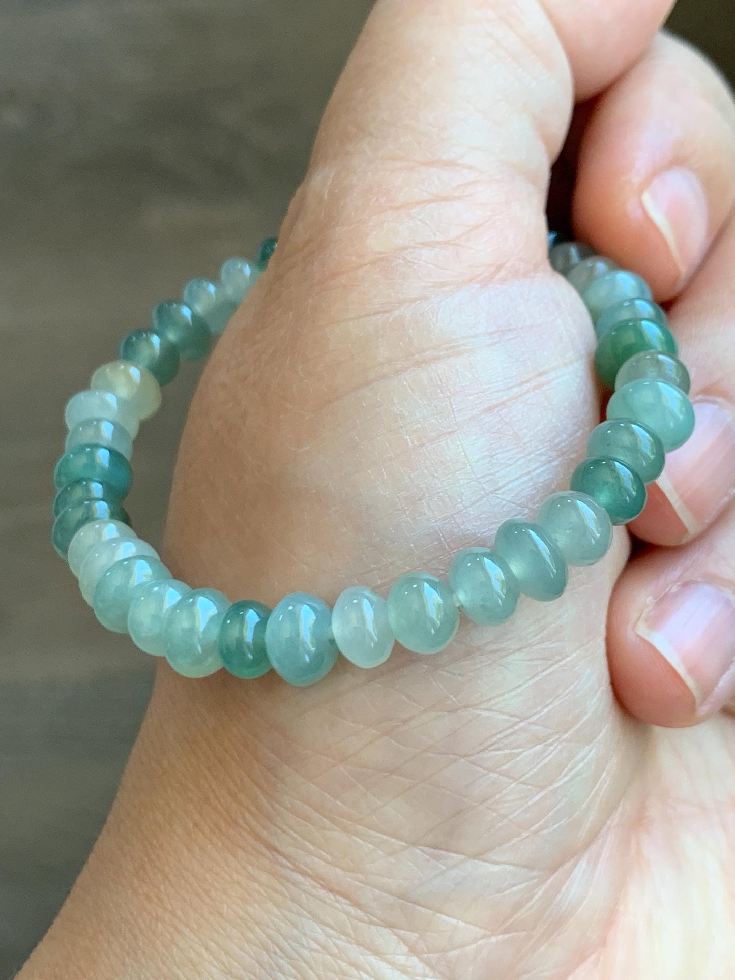 Natural Grade A Icy Translucent Gelatinous Light Green Jade Jadeite Drum Beads Beaded Bracelet 6.25" 14g 天然冰多宝翡翠鼓珠手串 LDB132