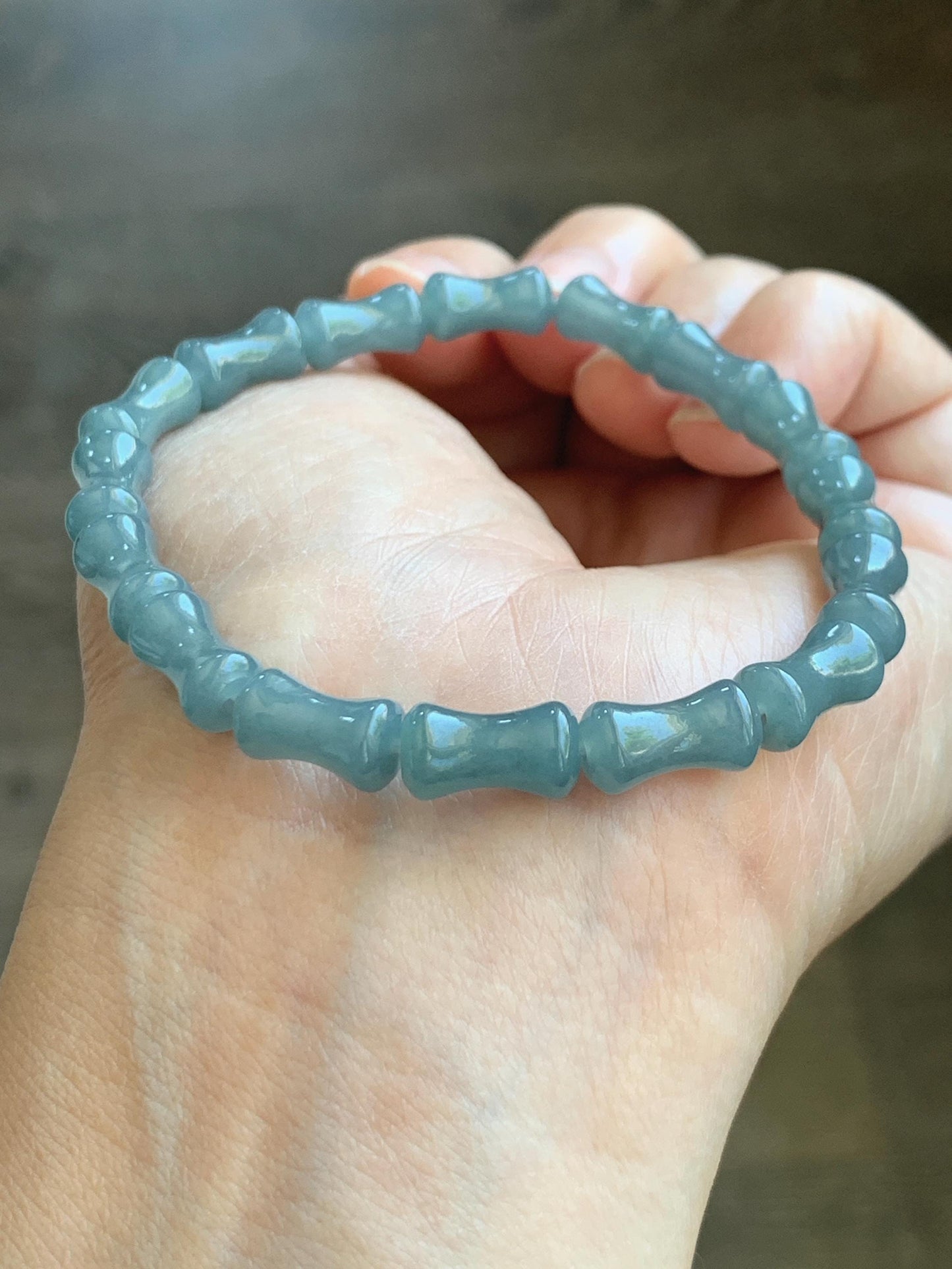 Natural Grade A Guatemalan Icy Translucent Gelatinous Dusty Blue Jadeite Carved Bamboo Stalk Beaded Bracelet 7.5” 14g 天然冰危篮翡翠竹节珠手串 HLZJ132