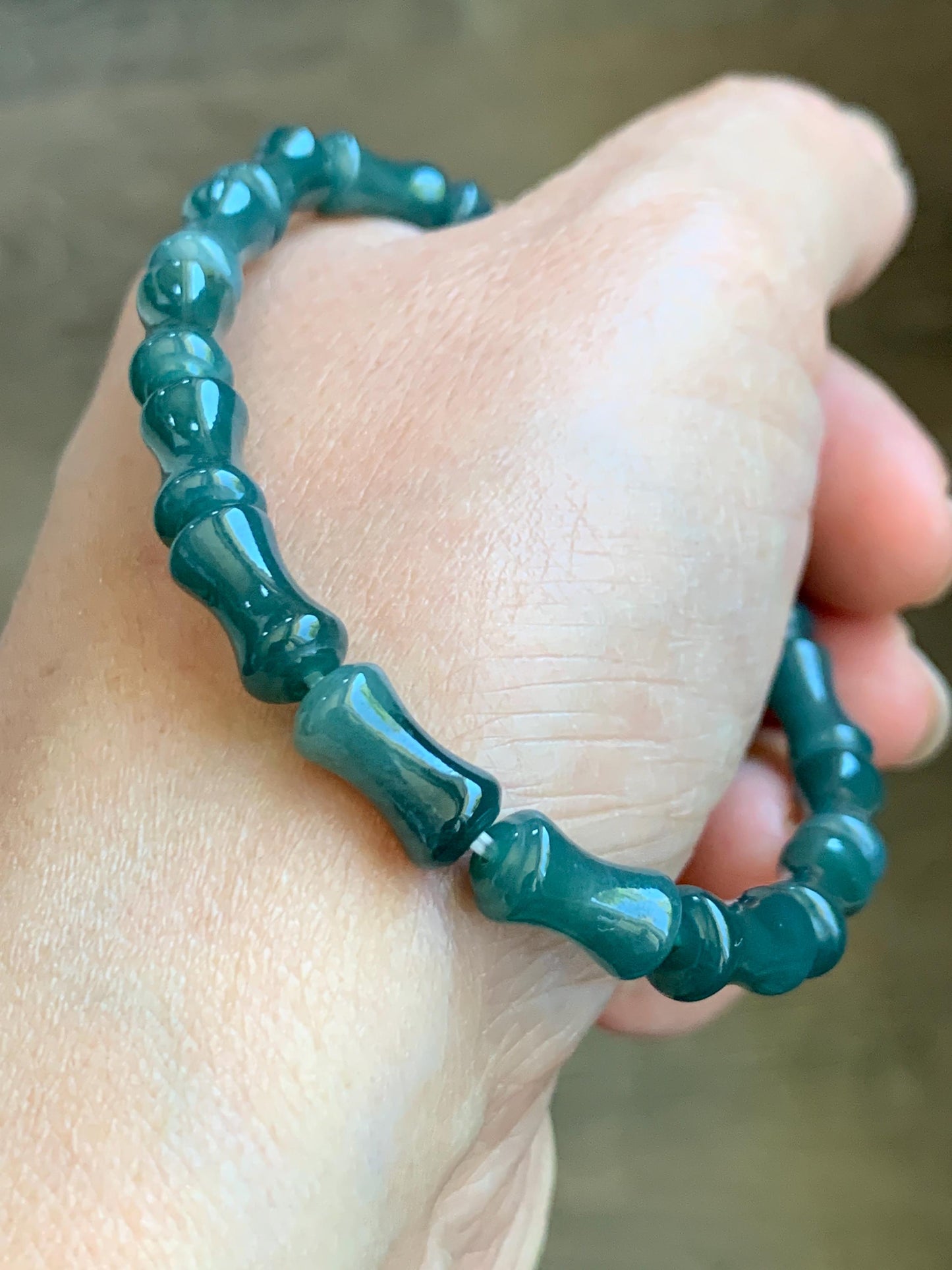 Natural Grade A Guatemalan Icy Translucent Gelatinous Dark Teal Blue Jadeite Carved Bamboo Stalk Beaded Bracelet 7.5” 天然冰危篮翡翠竹节珠手串 SLZJ132