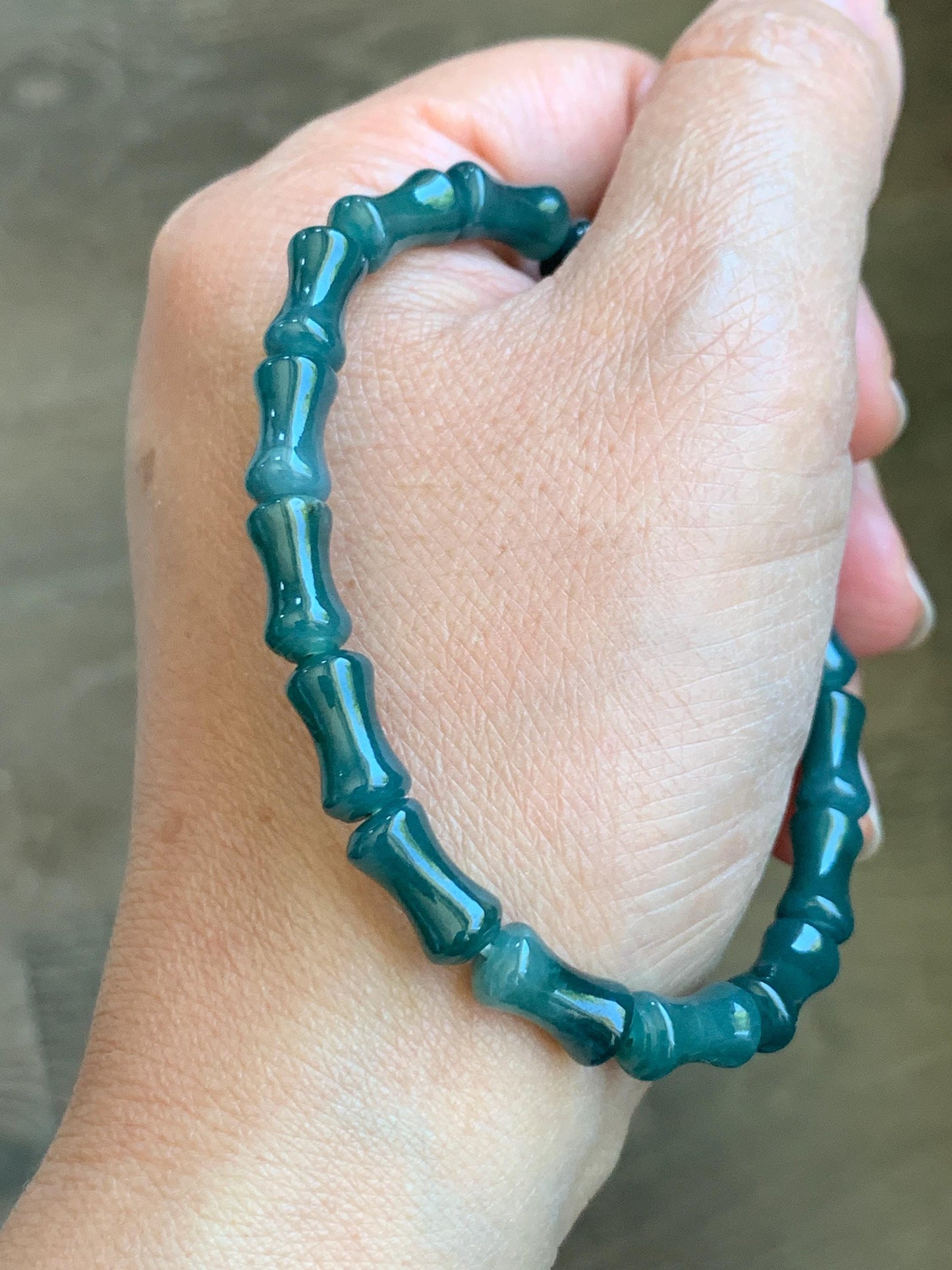 Natural Grade A Guatemalan Icy Translucent Gelatinous Dark Teal Blue Jadeite Carved Bamboo Stalk Beaded Bracelet 7.5” 天然冰危篮翡翠竹节珠手串 SLZJ132