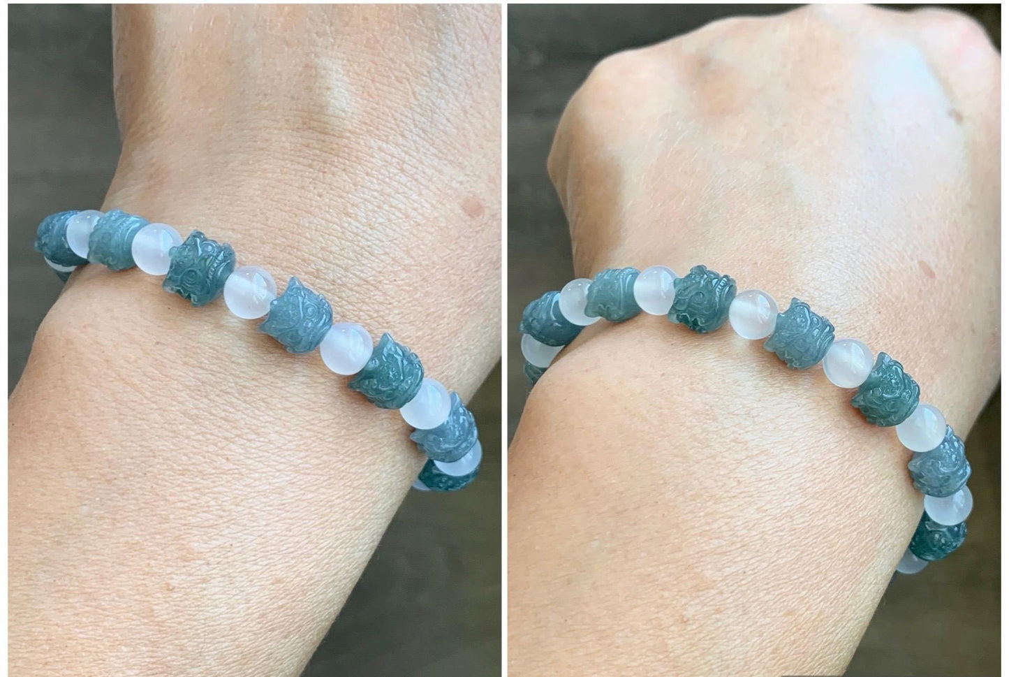 Natural Grade A Guatemalan Icy Translucent Gelatinous Blue Jadeite Carved Dancing Lion Heads Beaded Bracelet 6.5” 13g 天然冰危篮翡翠醒狮珠手串 XSZ440