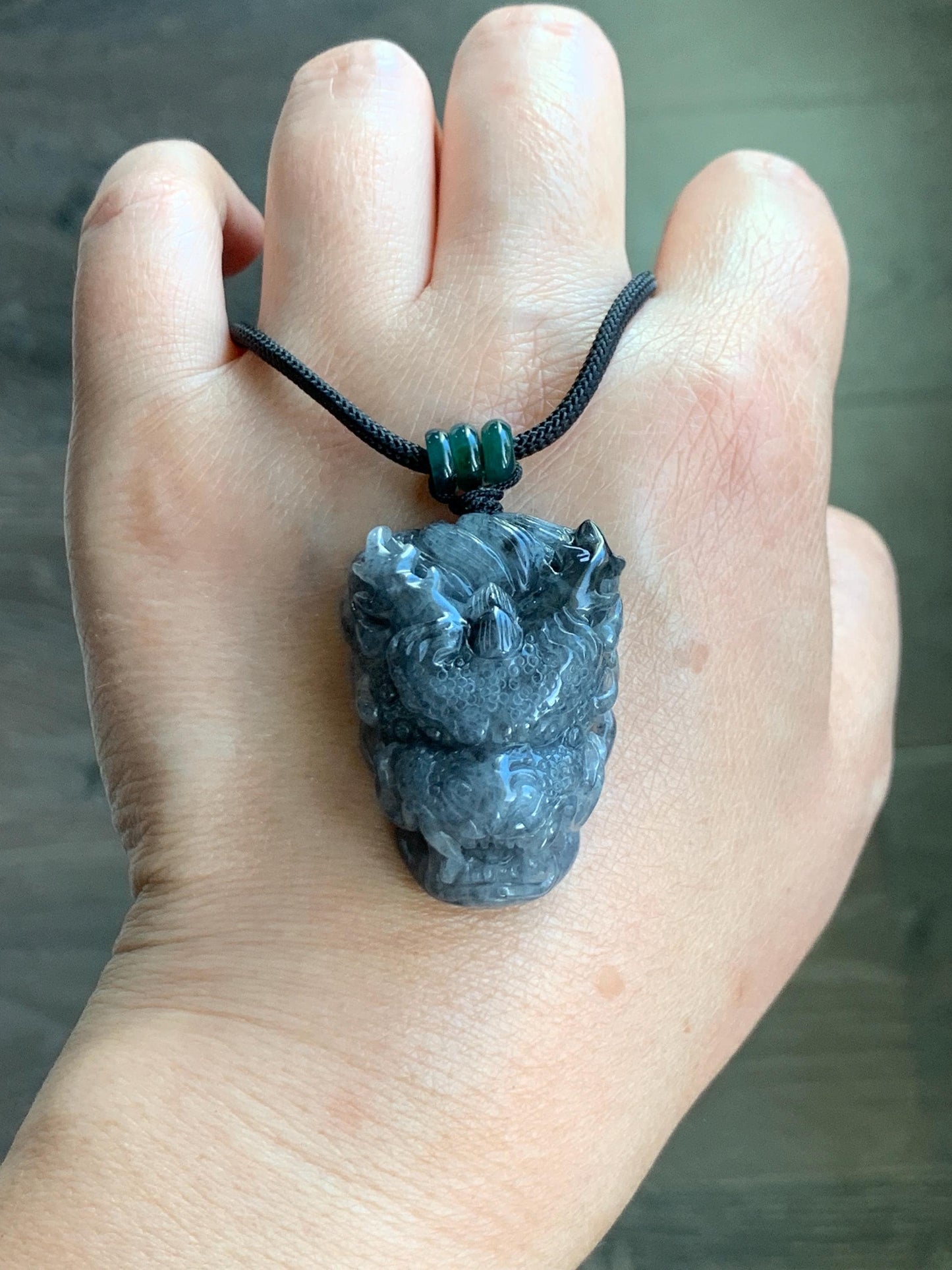 Natural Grade A Icy Translucent Wuji Jadeite Carved Dragon Head Wu Dao Enlightenment Pendant Rope Necklace 28" 29g 天然冰蓝乌鸡翡翠精工龙头吾道吊坠 MWJL220