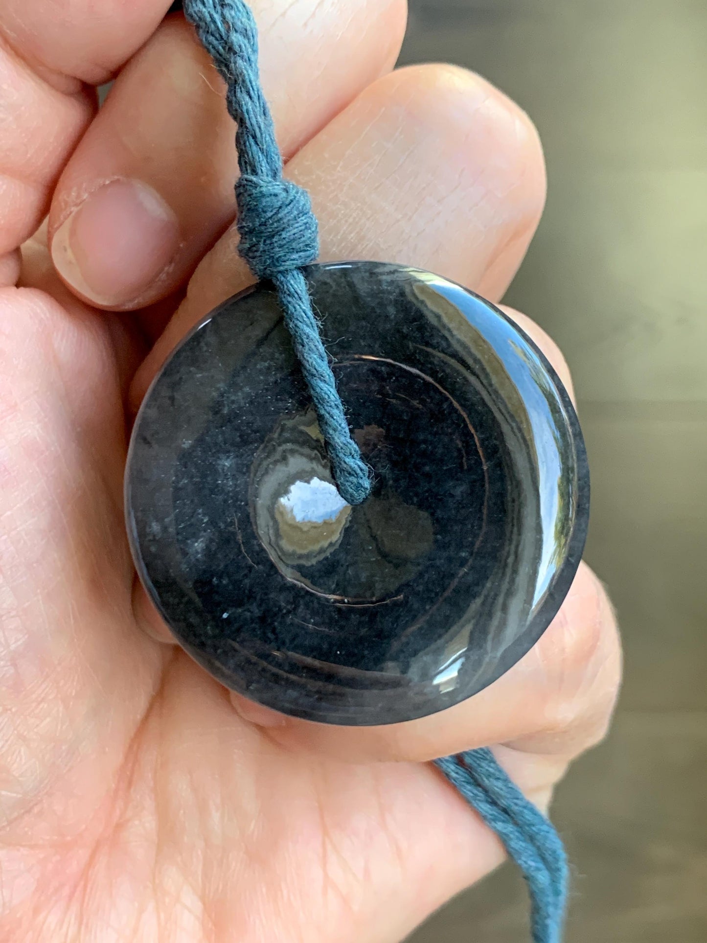 Natural Grade A Icy Translucent Wuji Jade Jadeite Large Ping An Kou Donut Pendant Rope Necklace 26” 18g 天然冰乌鸡翡翠平安扣吊坠 WJK145-B