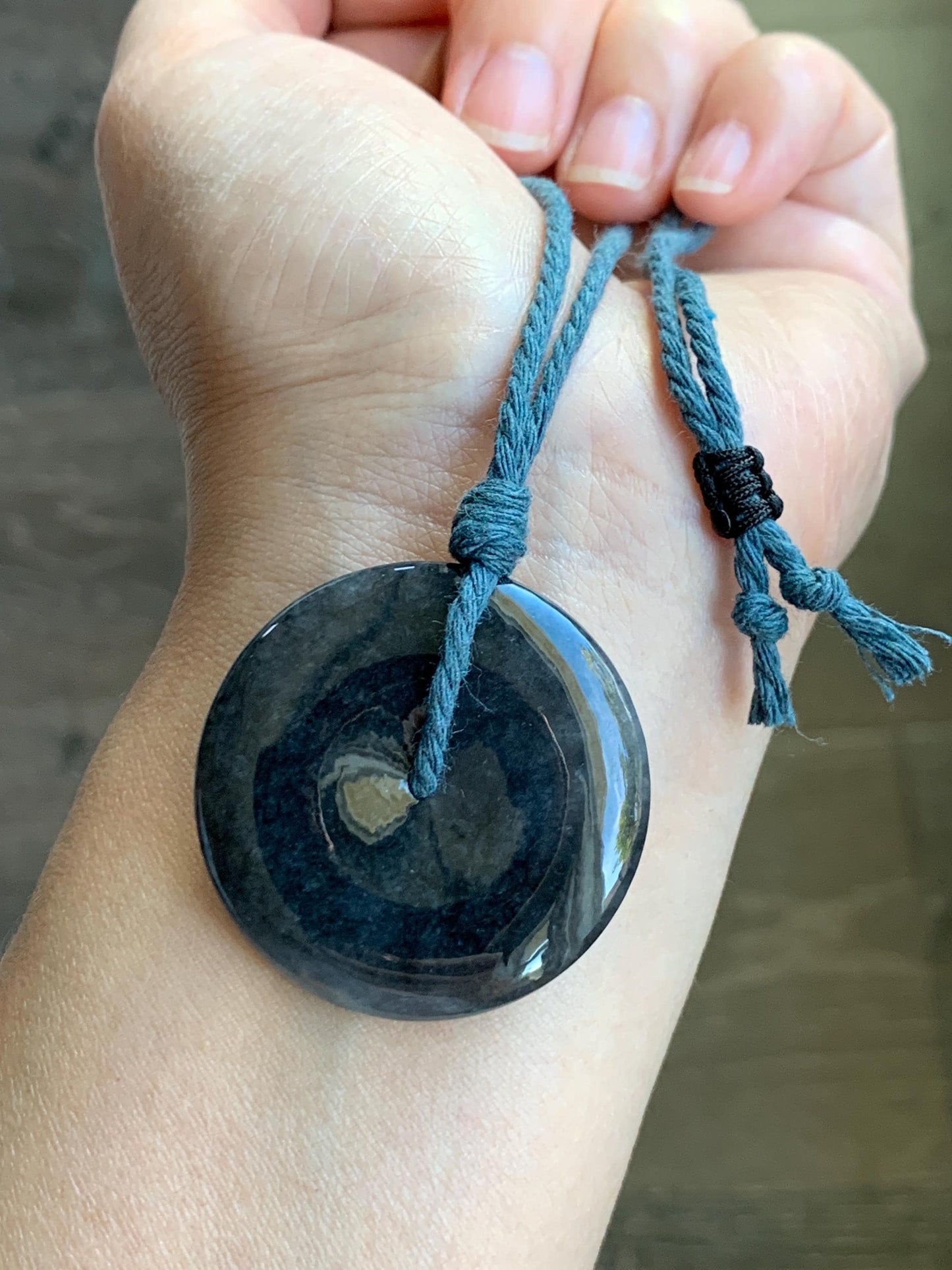 Natural Grade A Icy Translucent Wuji Jade Jadeite Large Ping An Kou Donut Pendant Rope Necklace 26” 18g 天然冰乌鸡翡翠平安扣吊坠 WJK145-B