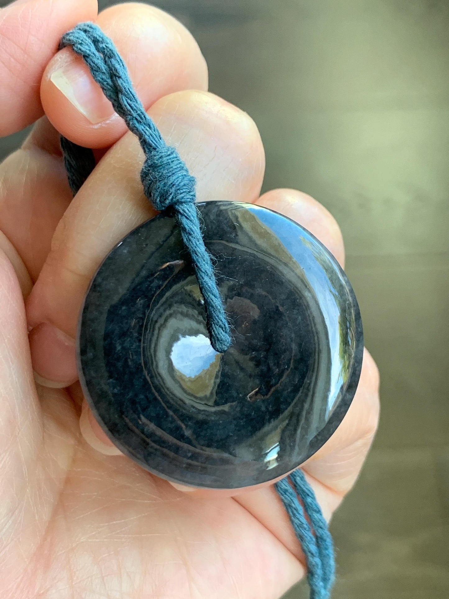 Natural Grade A Icy Translucent Wuji Jade Jadeite Large Ping An Kou Donut Pendant Rope Necklace 26” 18g 天然冰乌鸡翡翠平安扣吊坠 WJK145-B