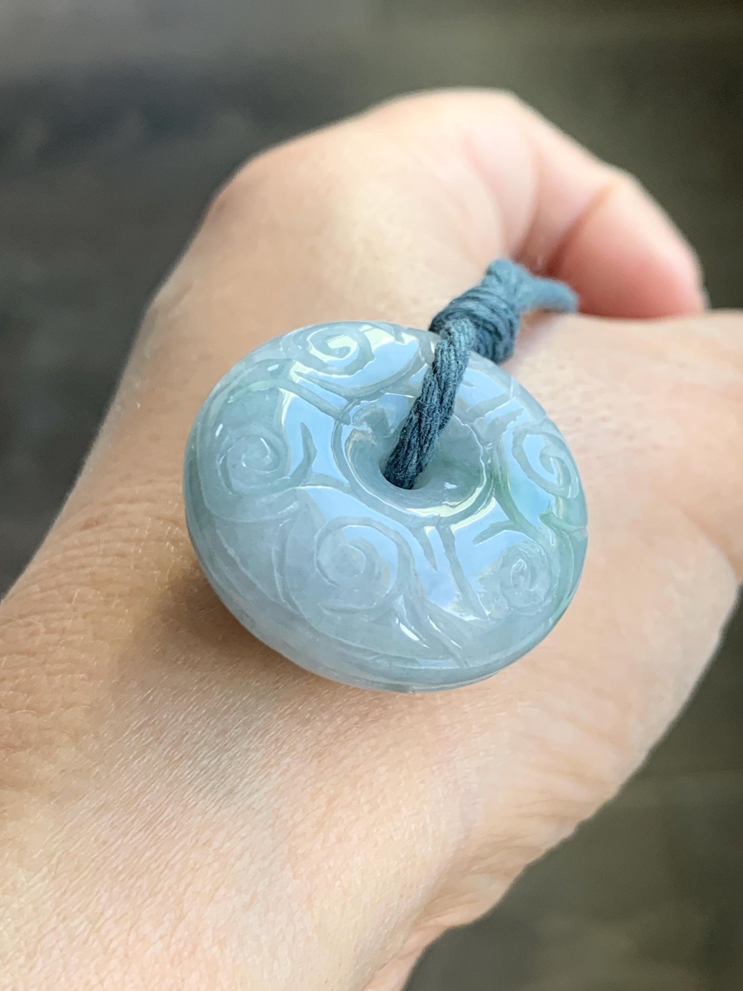 Natural Grade A Icy Translucent Pastel Blue Jade Jadeite Engraved Large Ping An Kou Donut Pendant Rope Necklace 25” 22g 天然淡蓝翡翠仿古雕平安扣吊坠 DLM66