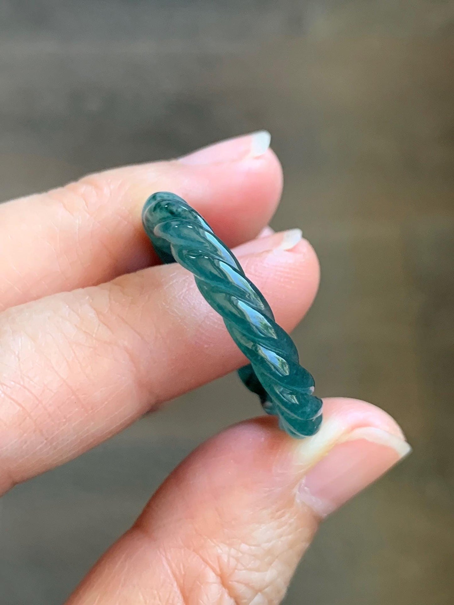 Natural Grade A Guatemalan Icy Translucent Gelatinous Dark Teal Blue Jadeite Carved Braid Band Ring Size 11.5 US 3g 天然冰胶危蓝水翡翠麻花戒圈 WMH60C