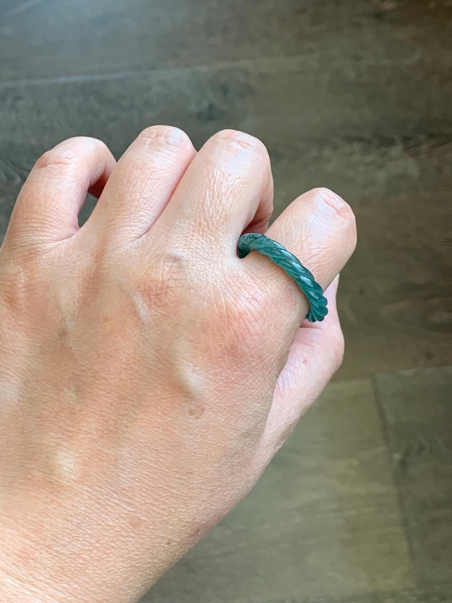 Natural Grade A Guatemalan Icy Translucent Gelatinous Dark Teal Blue Jadeite Carved Braid Band Ring Size 11.5 US 3g 天然冰胶危蓝水翡翠麻花戒圈 WMH60C