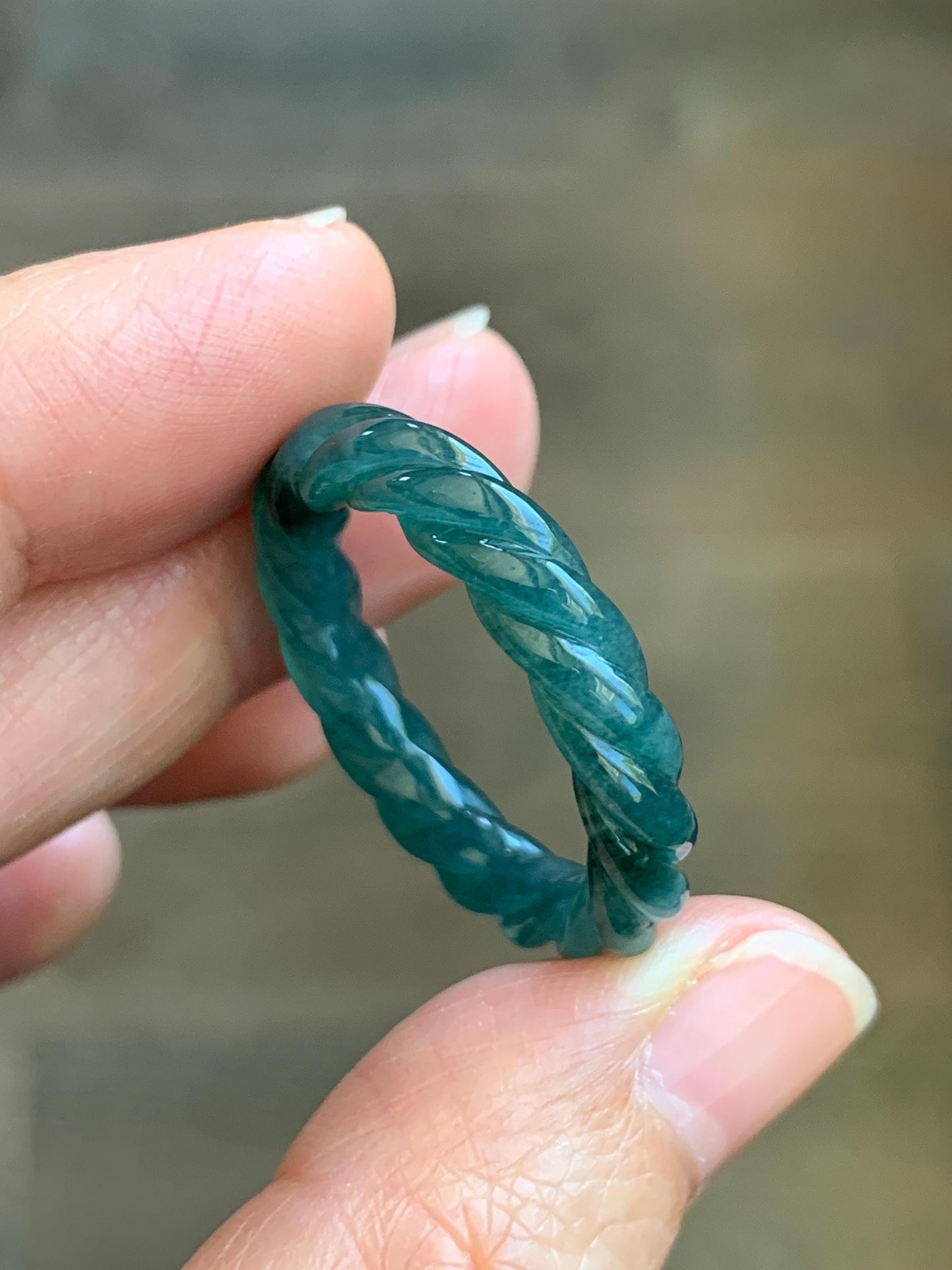 Natural Grade A Guatemalan Icy Translucent Gelatinous Dark Teal Blue Jadeite Carved Braid Band Ring Size 11.25 US 4g 天然冰胶危蓝水翡翠麻花戒圈 WMH60B
