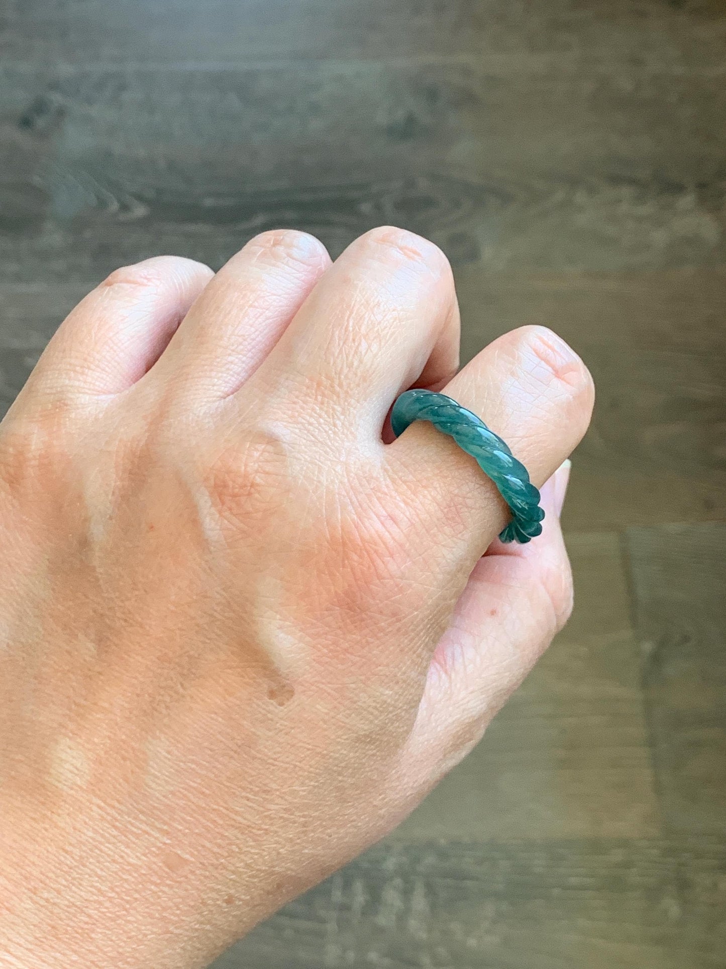 Natural Grade A Guatemalan Icy Translucent Gelatinous Dark Teal Blue Jadeite Carved Braid Band Ring Size 11.25 US 4g 天然冰胶危蓝水翡翠麻花戒圈 WMH60B