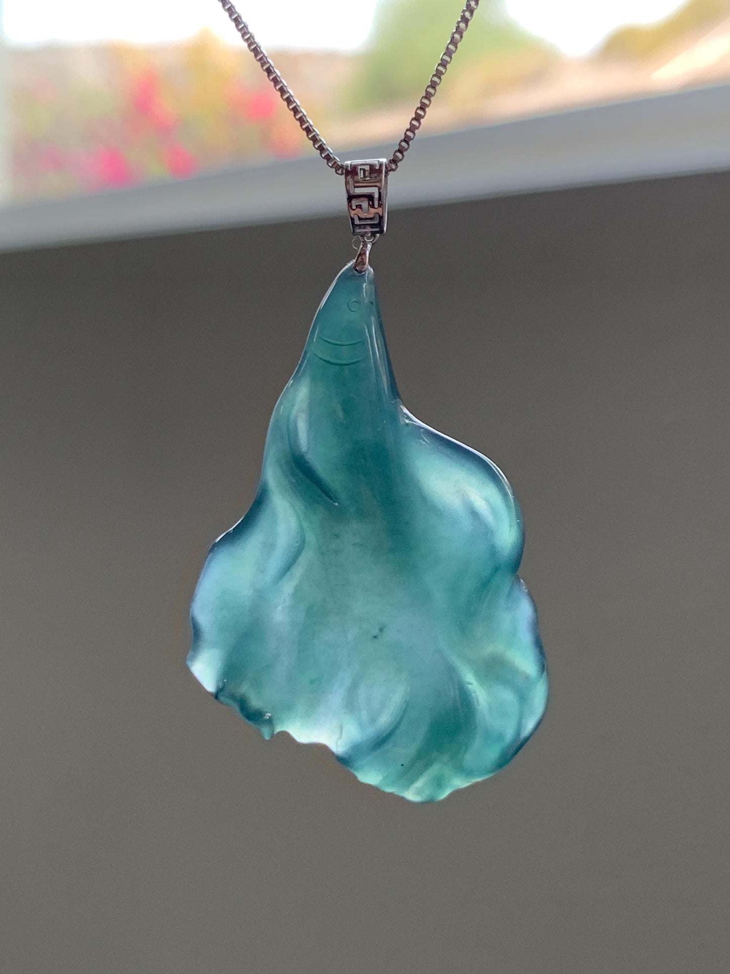 Natural Grade A Guatemalan Icy Translucent Gelatinous Old Mine Dark Teal Blue Jadeite Fish Pendant 18K White Gold 10g 天然老种冰胶危深蓝翡翠鱼镶嵌吊坠 WLDY