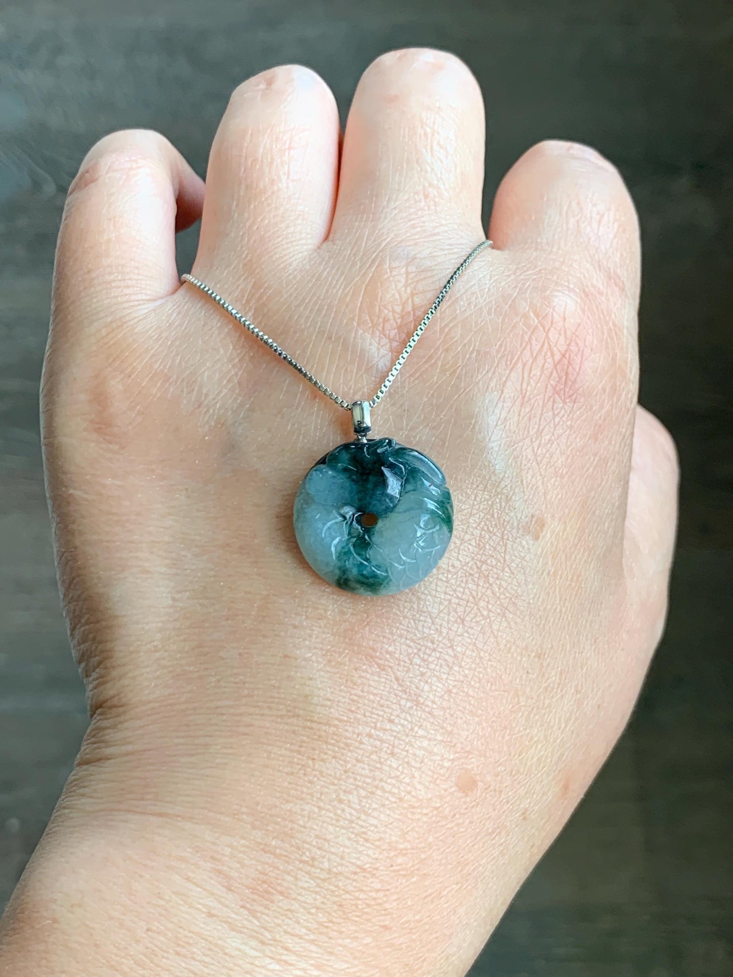 Natural Grade A Icy Translucent Gelatinous Teal Marbled Jadeite Dragon Ping An Kou Donut Pendant 18K White Gold 4g 天然冰胶飘蓝花翡翠盘龙平安扣吊坠 MPLK120