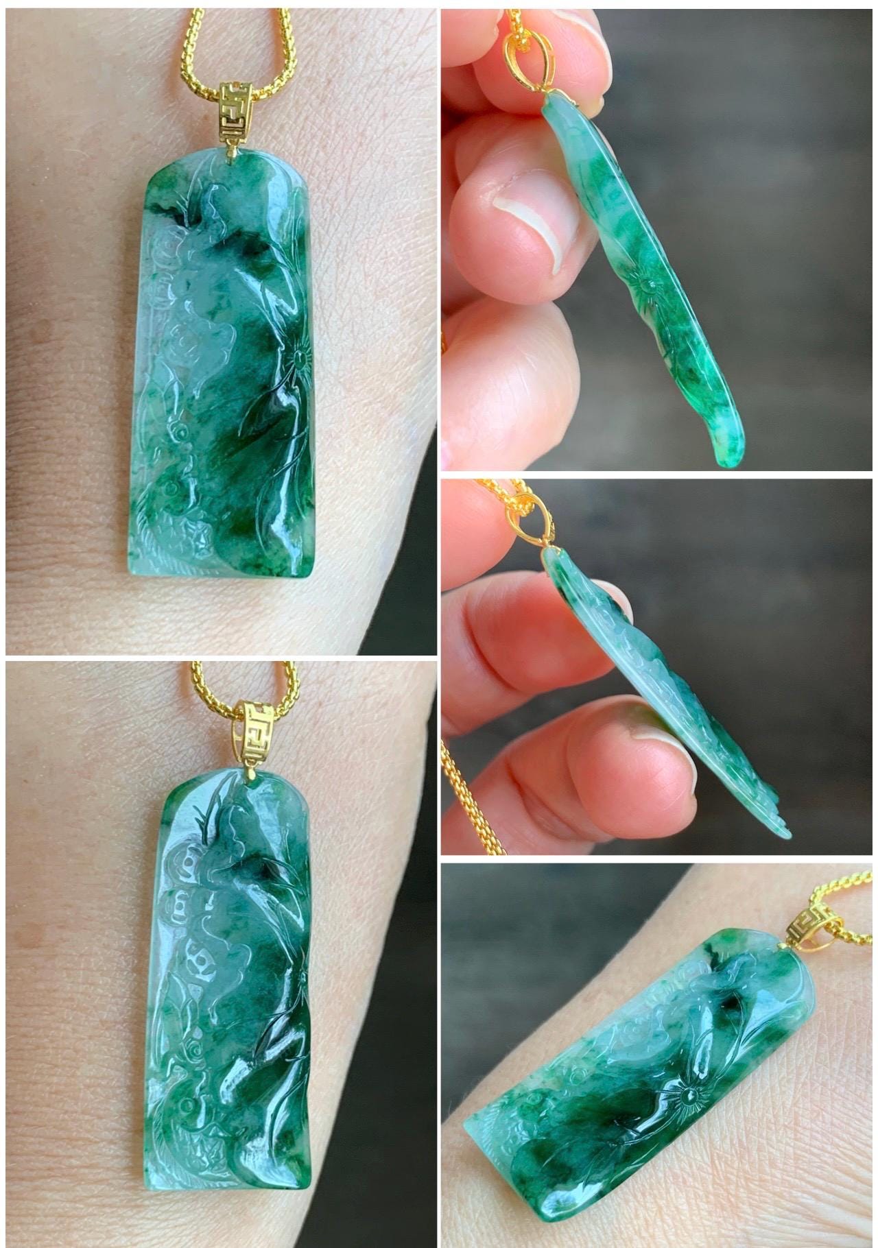 Natural Grade A Icy Highly Translucent Gelatinous Green Marbled Jadeite Koi Fish & Lily Pad Pendant 18K Yellow Gold 天然冰胶飘绿花翡翠荷叶鱼镶嵌吊坠 PLHY330