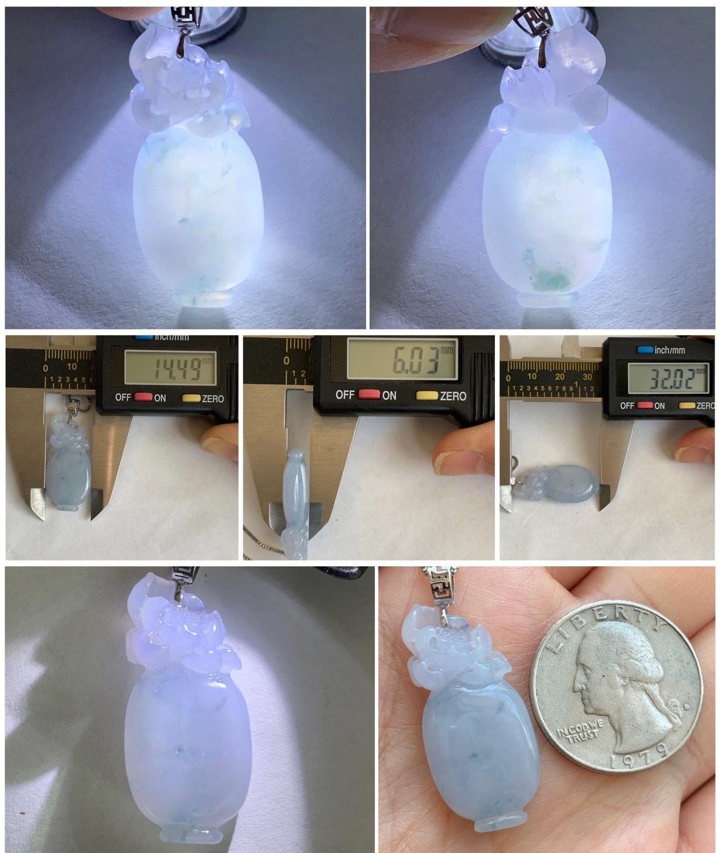 Natural Grade A Icy Translucent Gelatinous Pastel Purple Jade Jadeite Lotus Flower Vase Pendant 18K White Gold 天然冰胶淡紫飘花翡翠莲花宝瓶吊坠 MZP-A